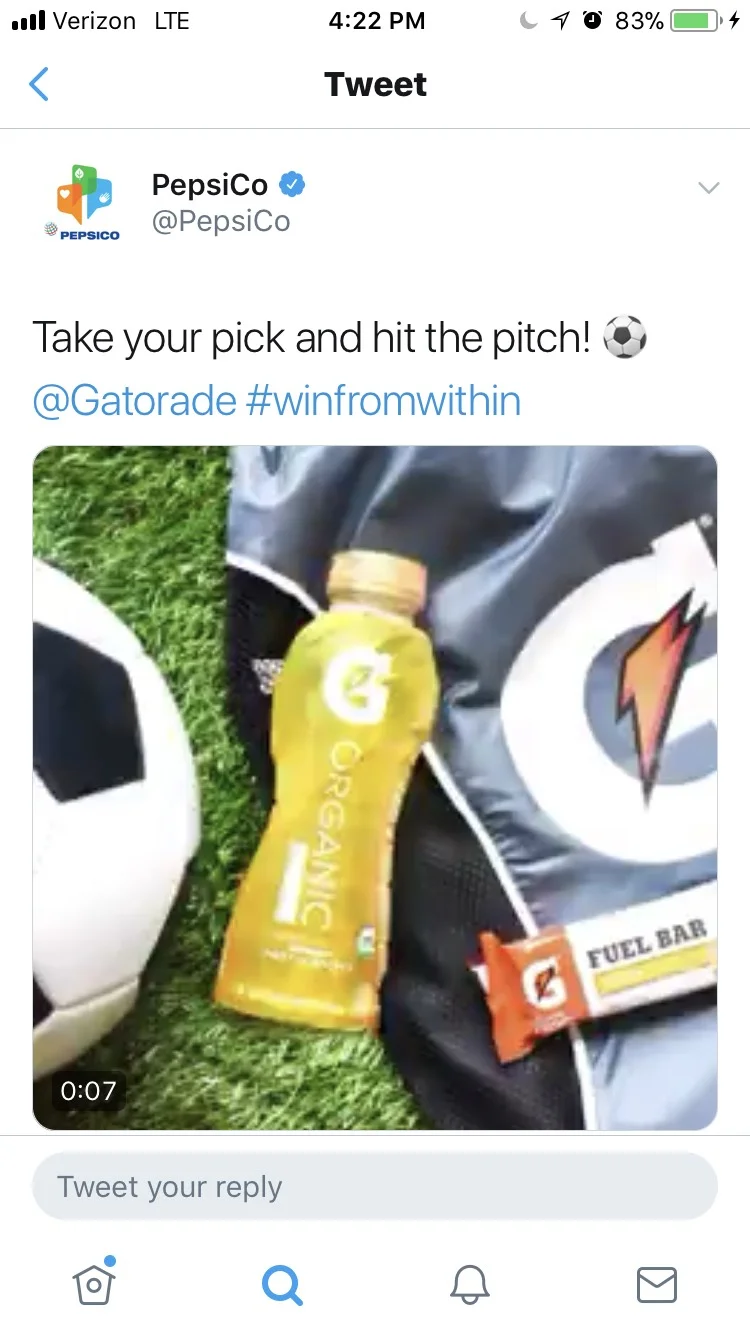 PepsiCo prides itself on offering products and flavors for every part of your day. We concepted these gifs which show a scene—in this case, a soccer game—with a rotating product shot that cycles through all the great options that’d fit each specific scene (in this case, sports drinks). View the full gif here .