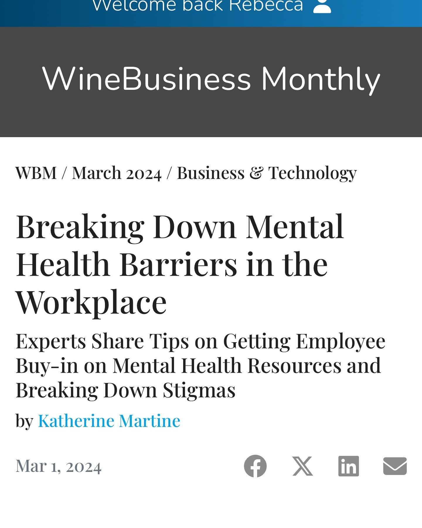 Mental Health in the workplace - does it matter? Of course. And thanks to @erinakirsch and the team at @winebusinessmonthly we had the opportunity to join @laura.louise.green @trefethenfamily to talk about it. 

Thanks @katmartine211 for the deep div