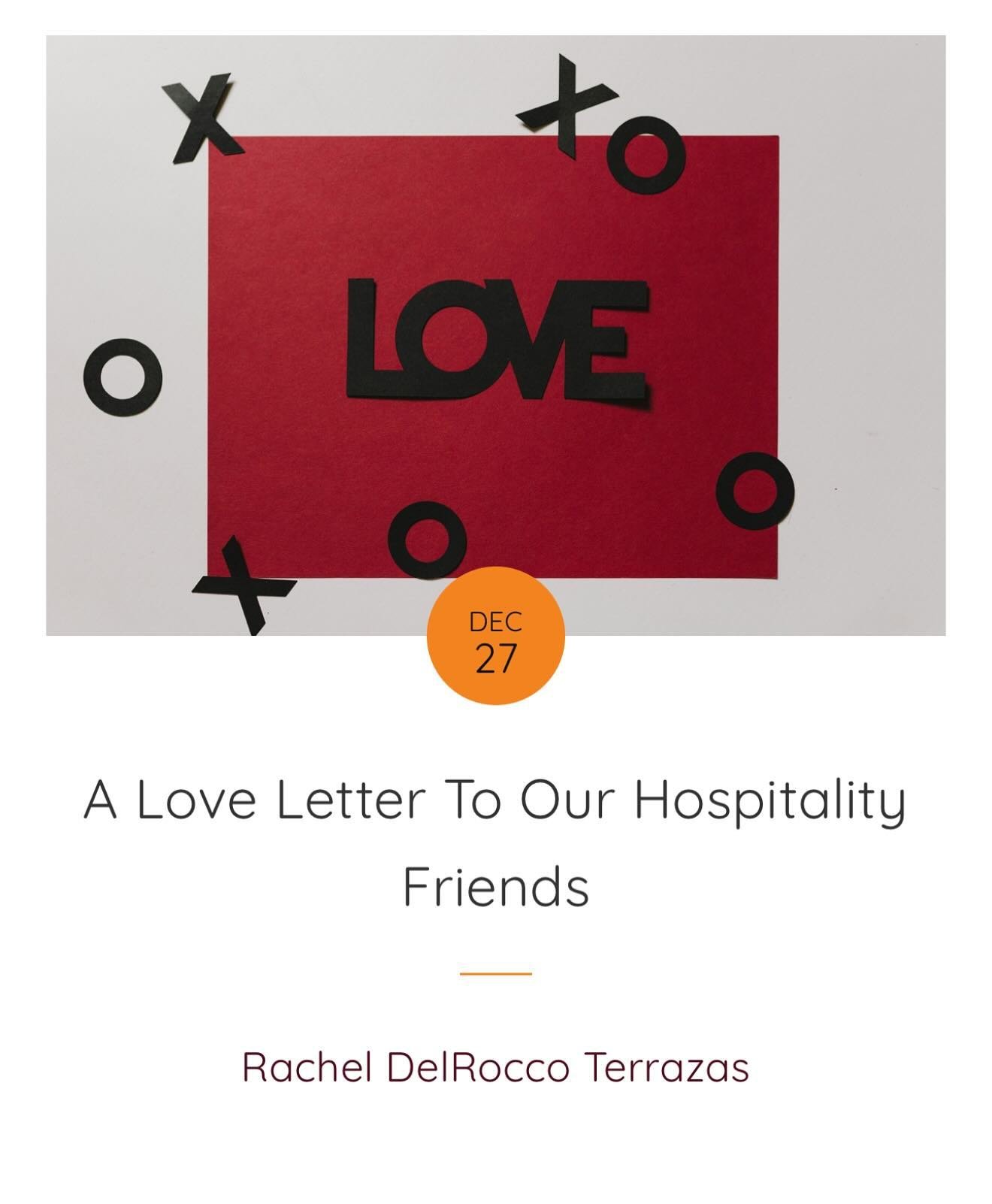 Sneaking in under the radar of the end of 2024, Rachel DelRocco Terrazas shares her love letter to ALL the dedicated, hard-working, talented (and understandably exhausted) hospitality pros grinding it out through yet another Holiday season. 

Thank y