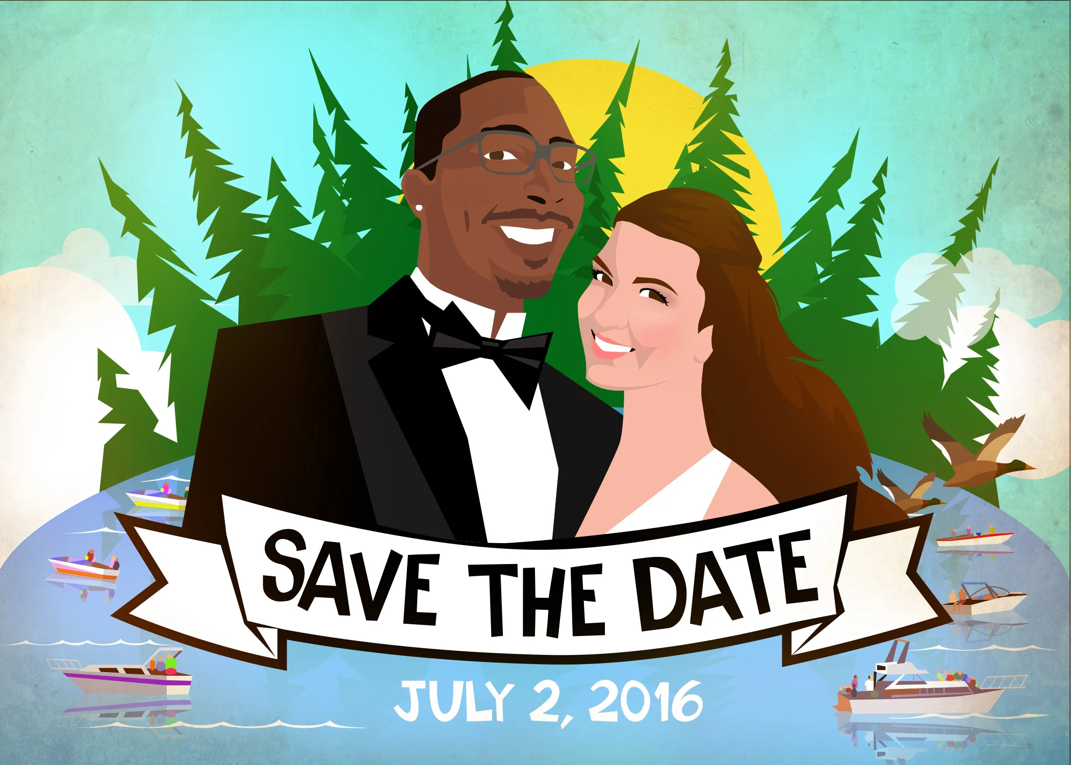 This is the "Save-The-Date" I designed for our wedding. The wedding is at the Coeur D'alene, Idaho lakeside resort, so I wanted to capture the look of the lake. Aren't we cute?