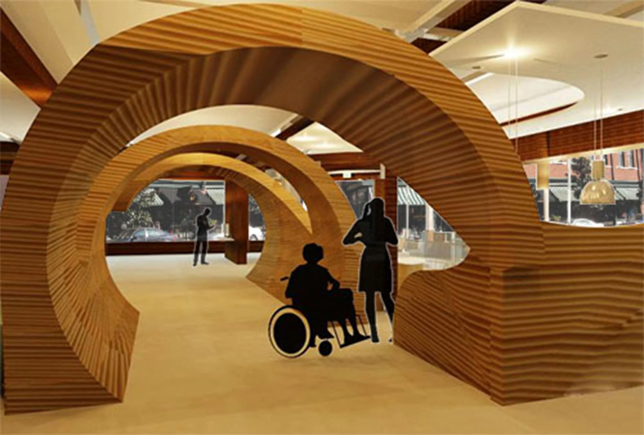 The central walkway of the Gaiam Center, representing the motion of a wave in the ocean. Constructed in Revit and rendered in 3D Studio Max. ©2011 Caroline Ingalls.