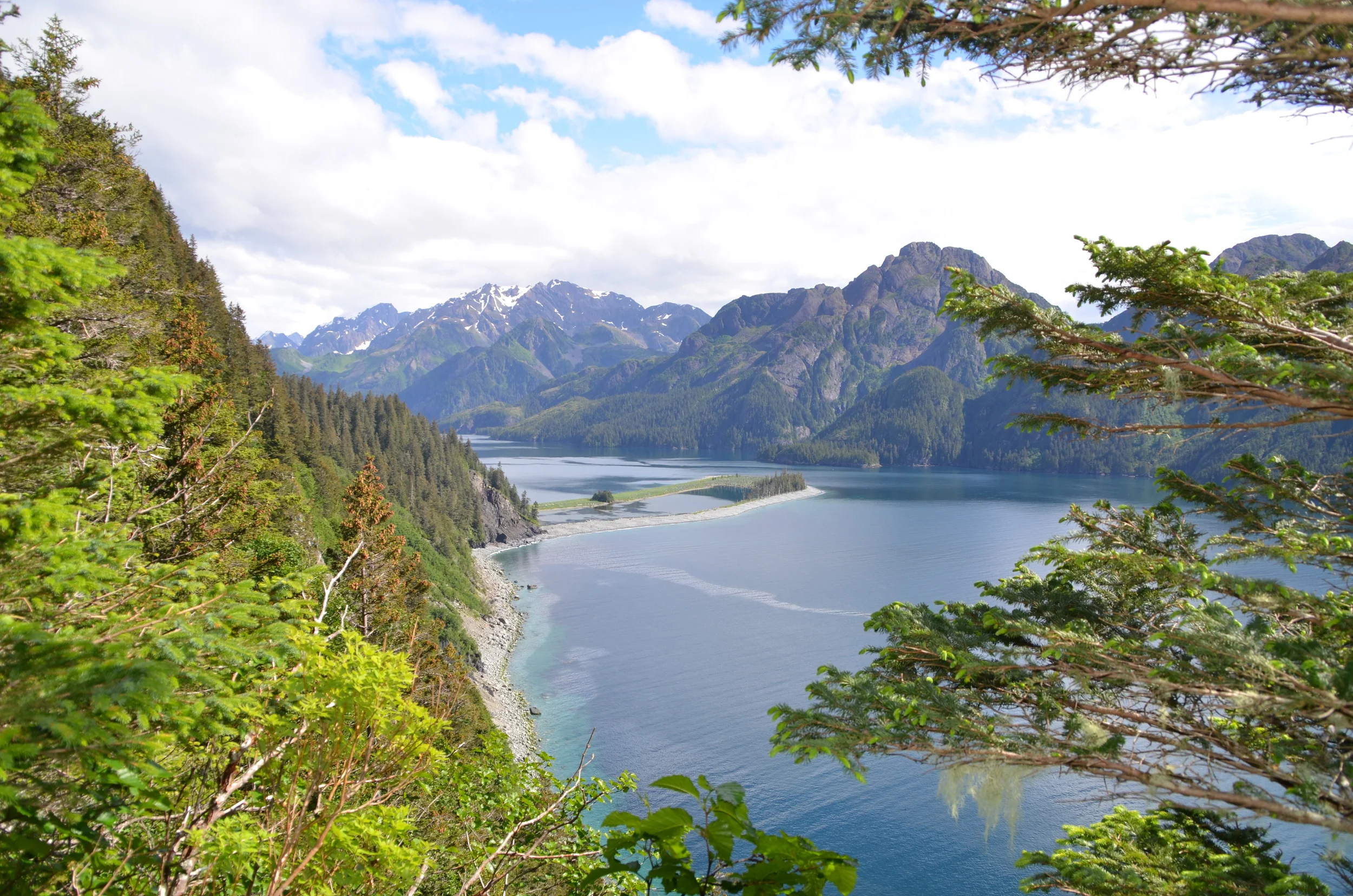 Looking over the Fox Island sand spit from one of the saddles between the island's mountain peaks.