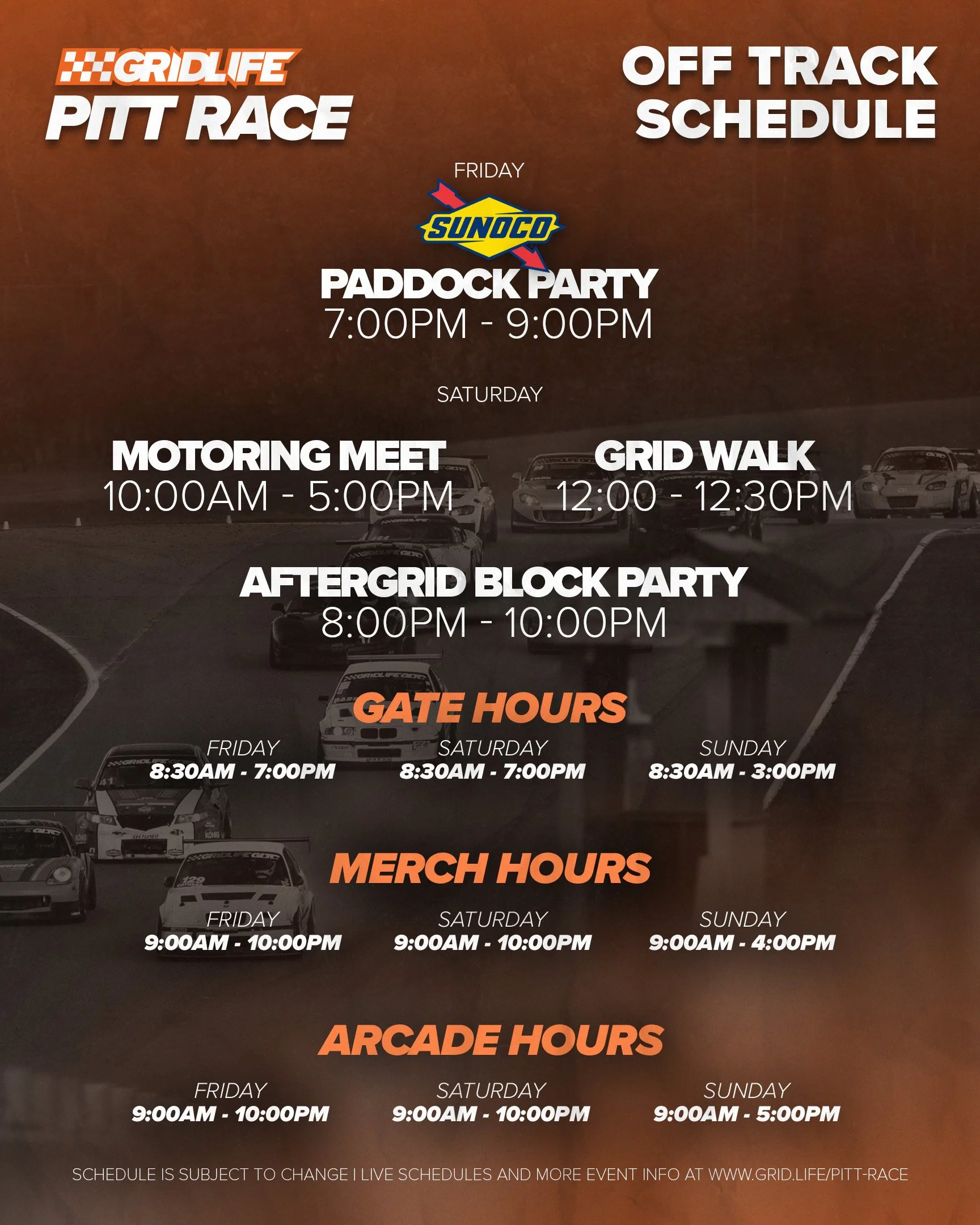 GRIDLIFE Pitt Race 2025 Off Track Schedule
