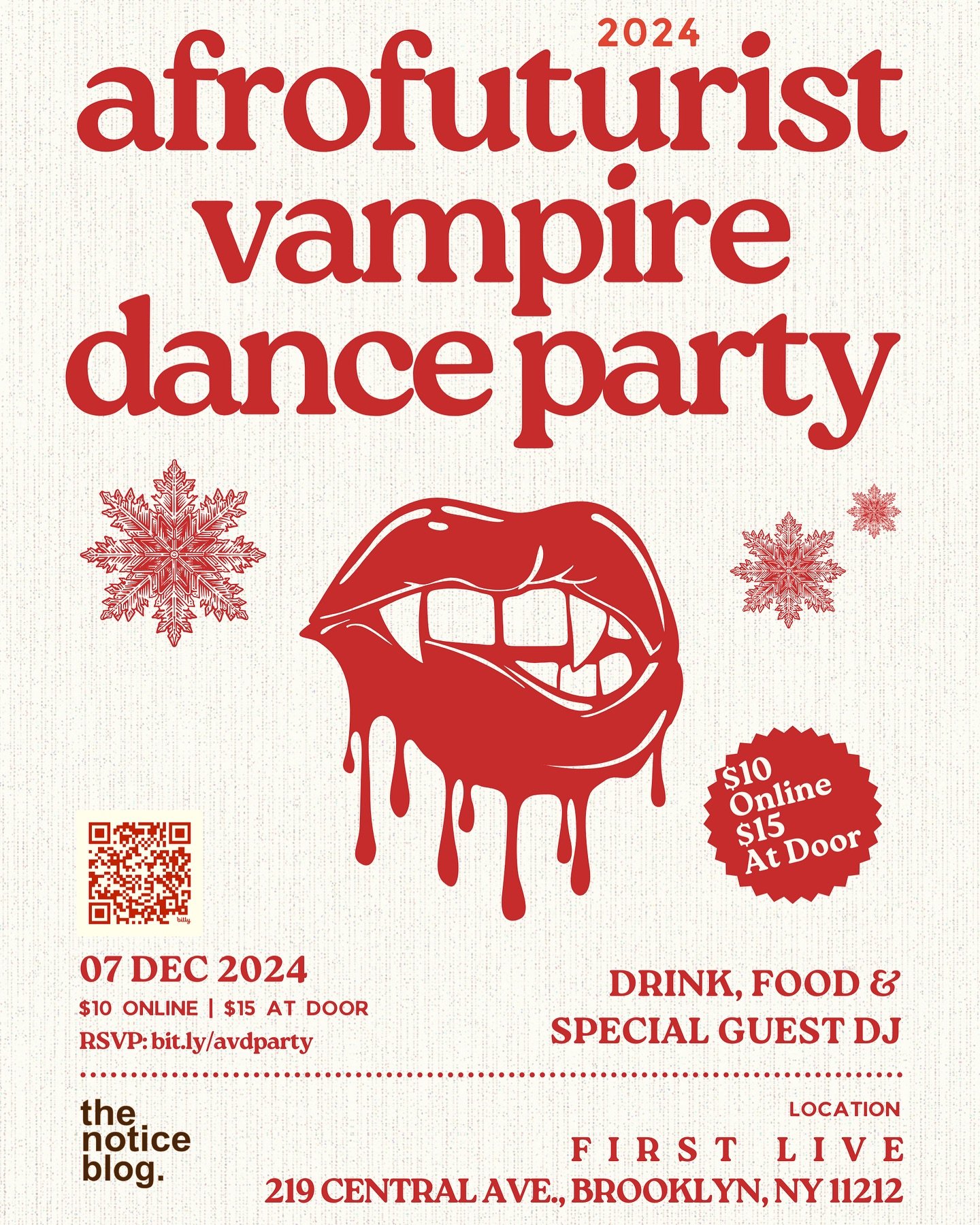 SIX DAYS LEFT!! GET YOUR TICKETS TODAY!

2024 Afrofuturist Vampire Dance Party 
Saturday, Dec 7th @ 7pm-1:30am
First Live | 219 Central Ave., Brooklyn, NY 11212
RSVP in link in bio

Sponsored by
@thenoticeblog @blackthoughtsheal @willowhorror 

#tick