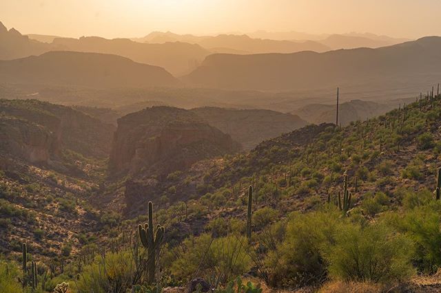 Sunset along the Apache Trail. The sinking sun casts a golden glow across the ranks of the Superstition Mountains. The vast and wild Superstitions are frankly overwhelming. #mountain #mountains #arizona #superstitionmountains #phoenix #nature #landsc