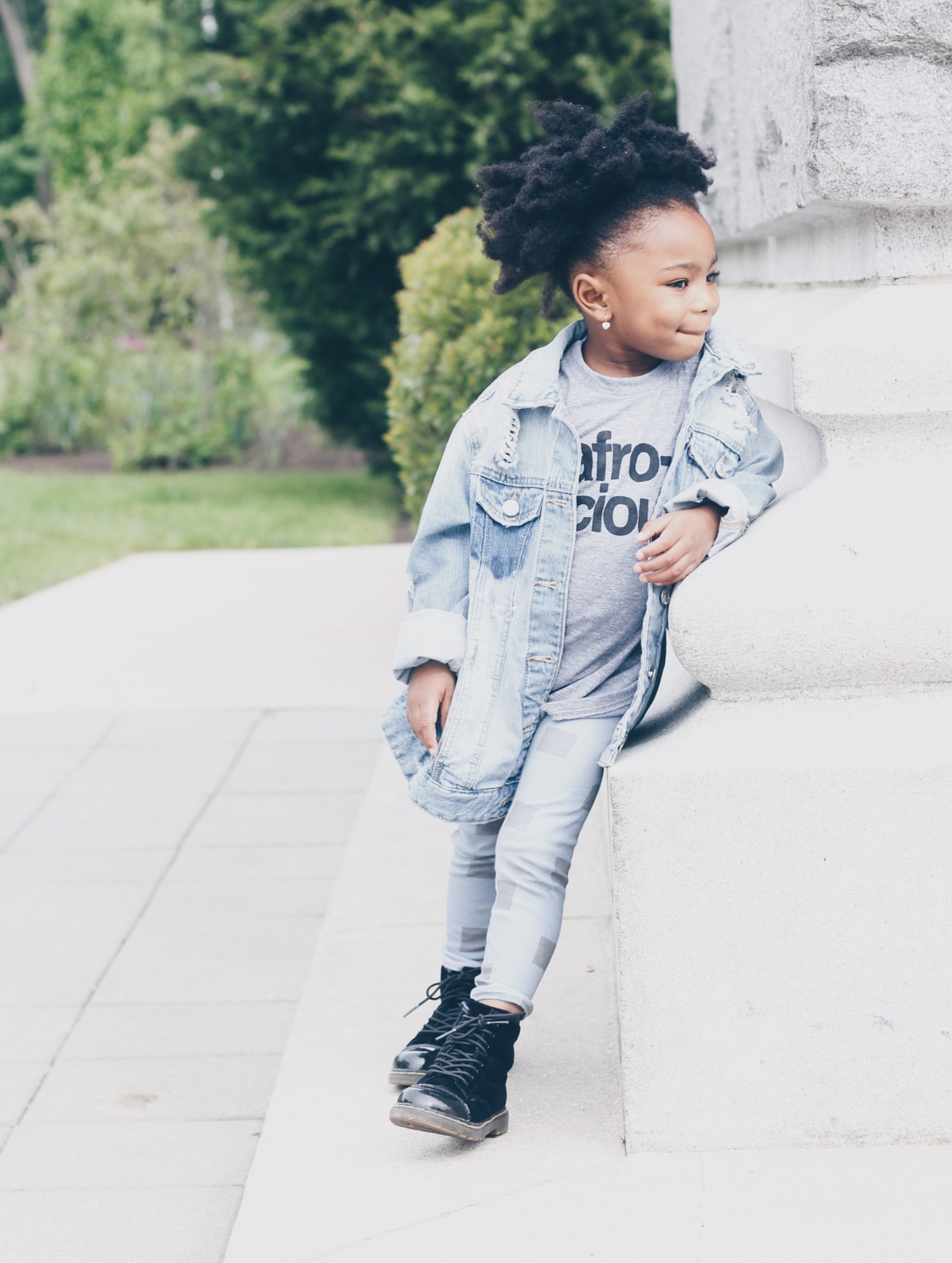 baby toddler blue blocks leggings with jean jacket and black boots