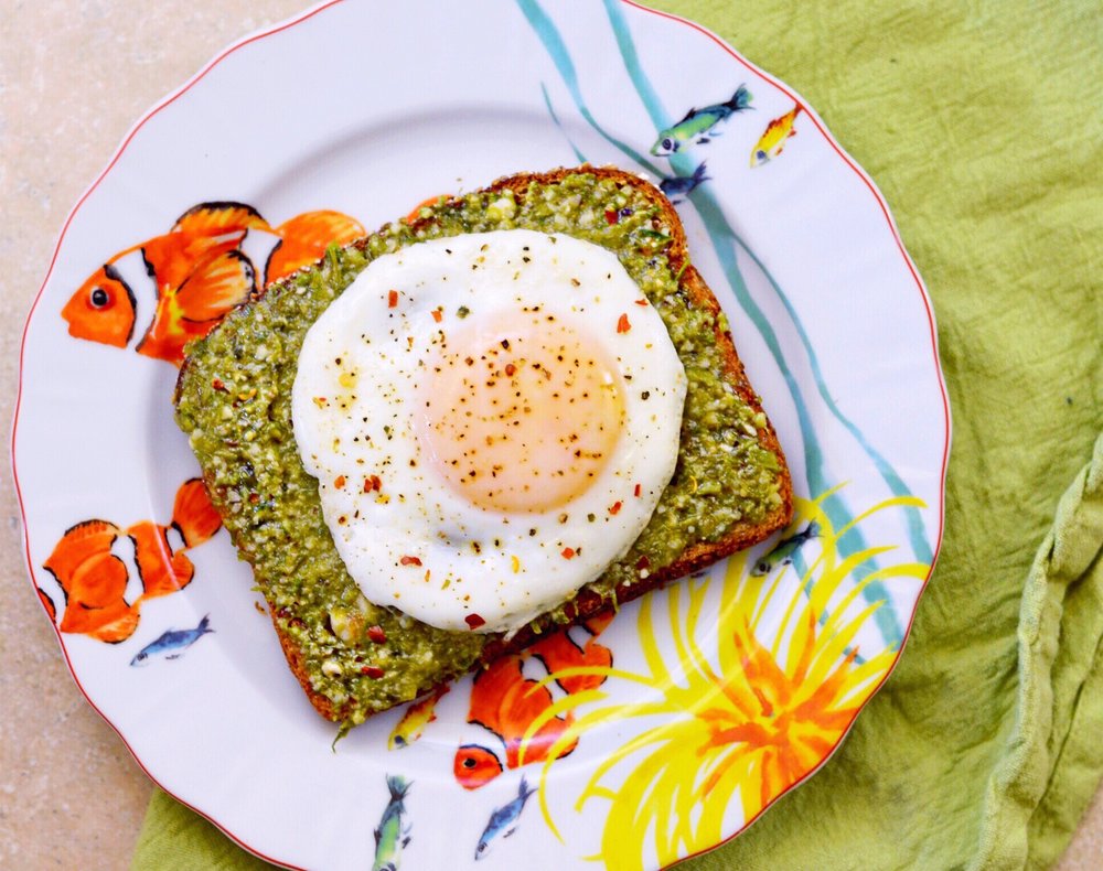 lot801 summer pesto toast with an egg