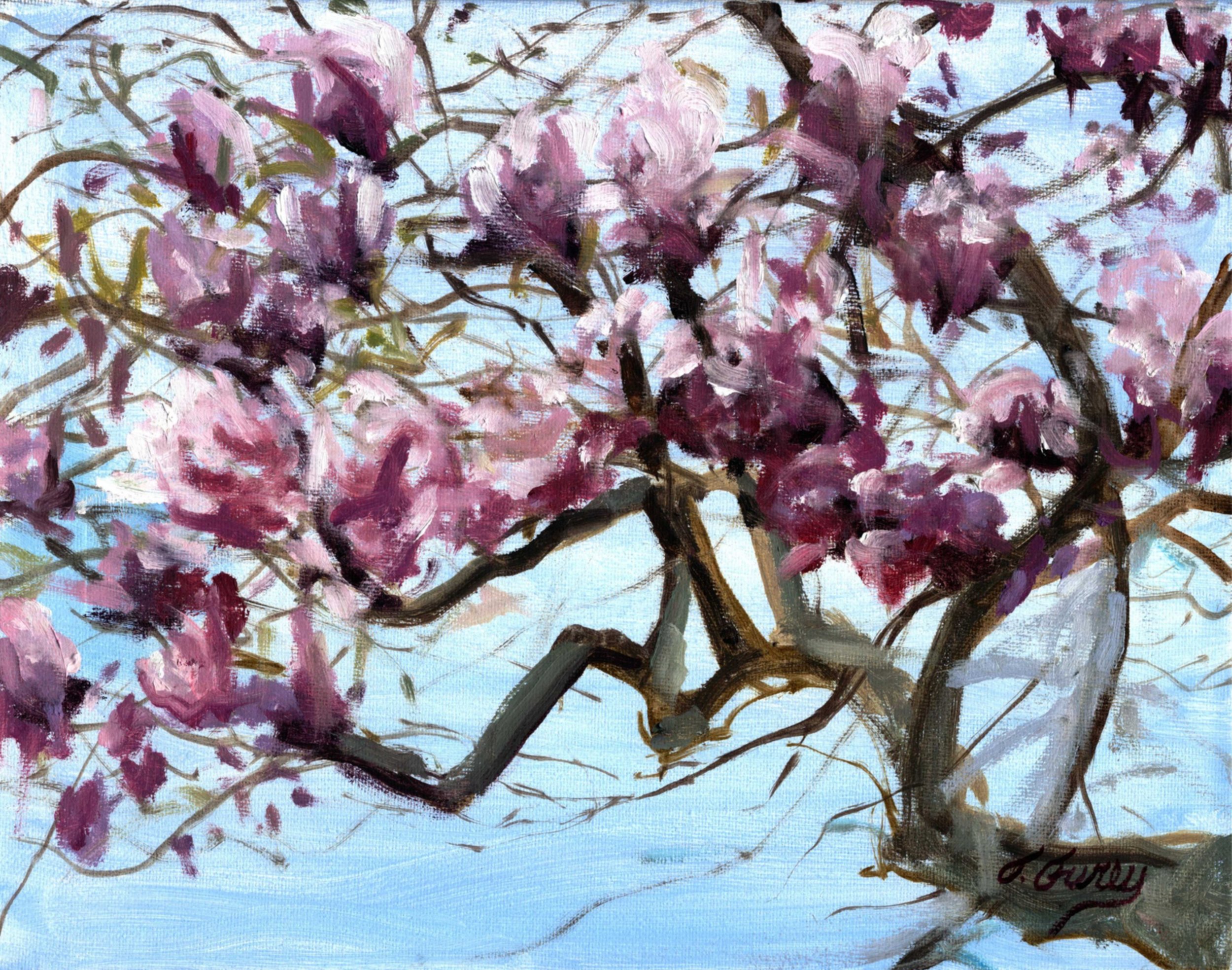 Magnolias in Violetwood. 11 x 14", Oil on Canvas, Price: $500.00 USD. This painting was a quick Alla Prima study. I liked the movement and colors. I approach this type of painting by letting the paint find its place. There is thought involved in the process but mostly its the feeling of applying the paint on the brush and letting things happen!