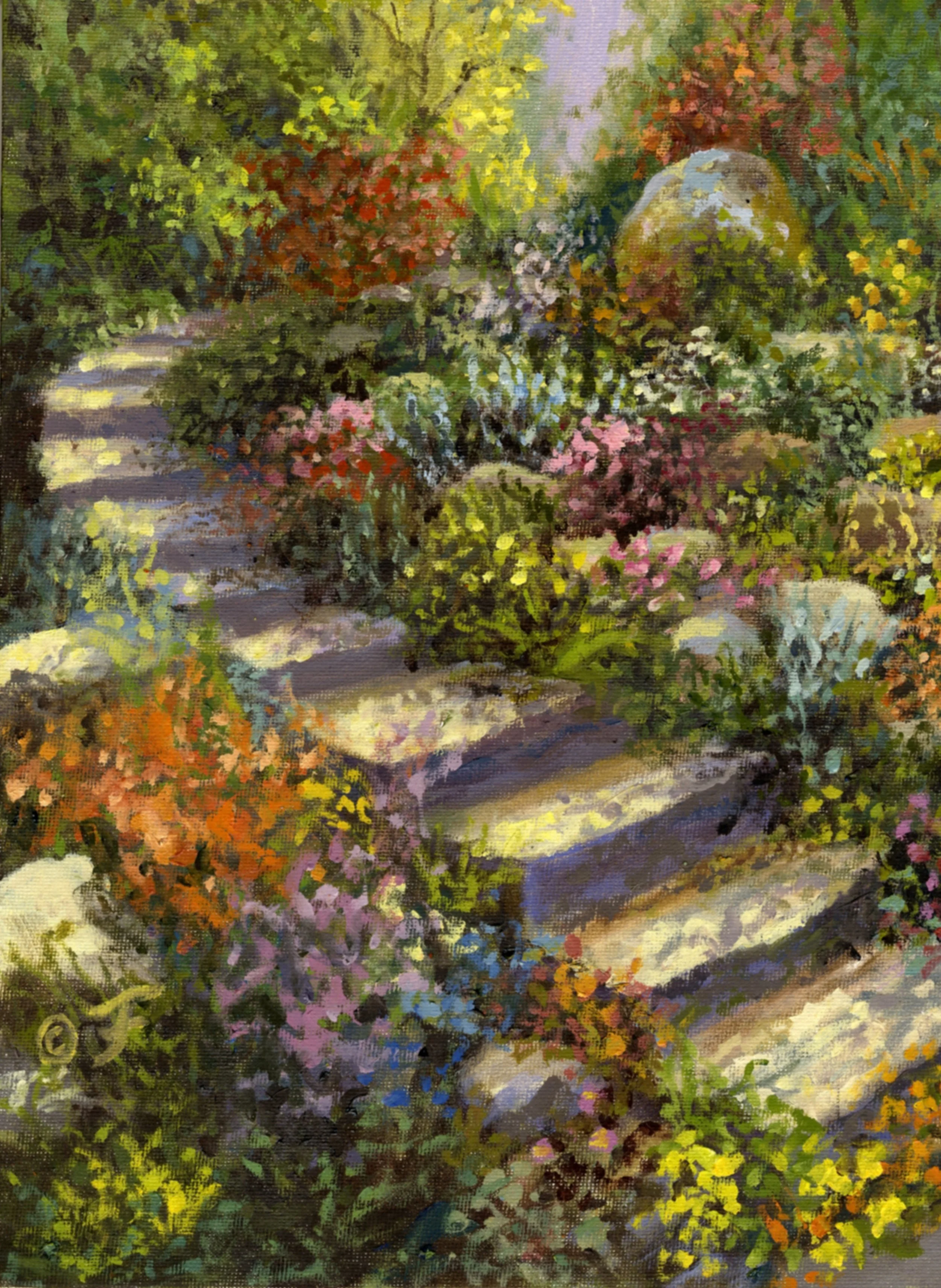 Sometimes I'll take a break and do something fun. This painting is just that type of oil painting. It's my fourth Fantasy Stairway. Title: Stairs Four, Medium: Oil on Canvas Panel, Size: 9 x 12", Price: $450.00 USD #floral #flowers #colors #landscape #fantasy #stairway