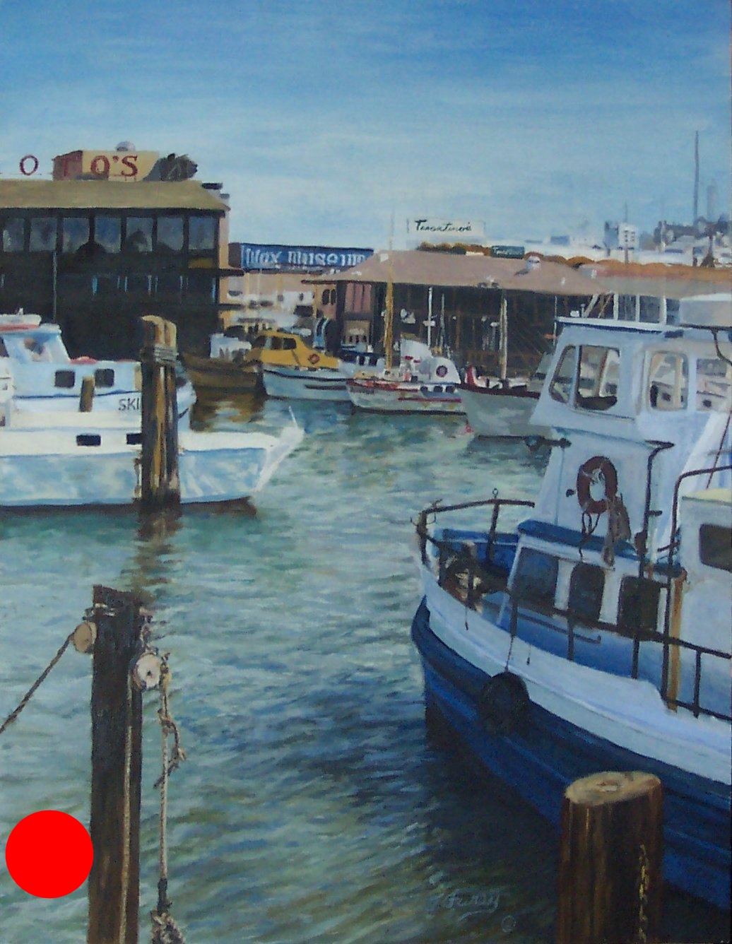 Fisherman's Wharf, 20 x 26", Oil on Canvas, . Some paintings taker longer than expected to complete. I paint in layers developing color and detail on every layer. I mentioned before sometimes I work on as many as 10 paintings because of the drying process of oil paints. This painting was put aside many years ago (38 years). I lost my notes and reference material, but didn't want to let it go because I liked the composition. It was also where I spent a week of my honeymoon in 1977, before going to Hawaii for a week. Last month while cleaning some old documewnts I found my reference material, so here it is completed. SOLD