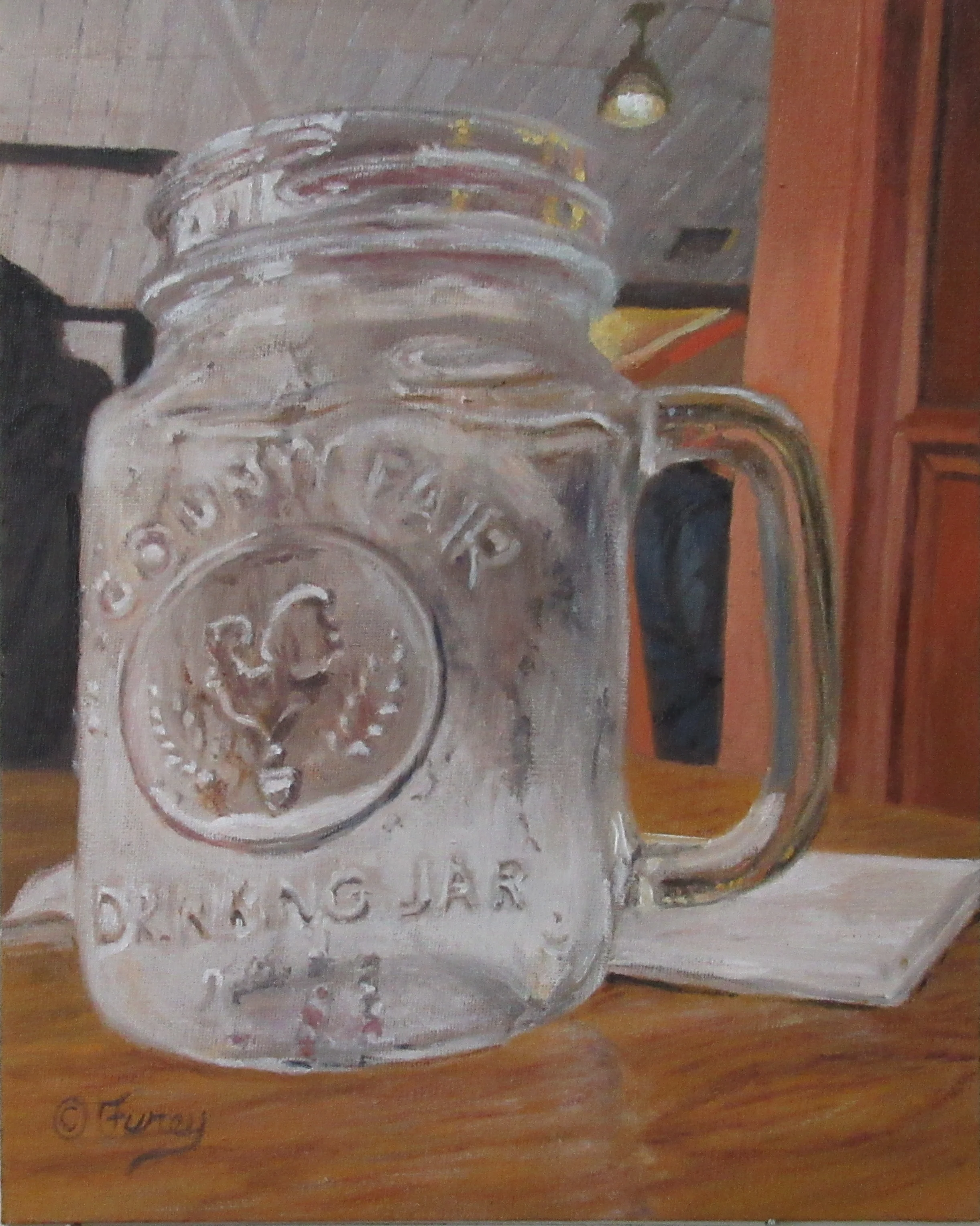 Title: Maryanne's Brunch, Medium: Oil on Canvas Panel, Size: 11 x 14", Price: $1000 USD. Karen and I stopped in Maryanne's Home-style Cooking Diner on Woodbourne Road in Levittown, PA. for some brunch. The food was good and the place was decorated with lots of Coca Cola memorabilia. Very comfortable and great service. I happened to have my camera with me so I took many shots of the place. I sometimes feel funny about doing that because people may feel it's an invasion of their privacy. Especially when they are eating. So I photograph mostly objects. I thought this glass of water was interesting. Hope you like it! #eating #maryannes #levittown #woodbourn #diner #glassjar #waterglass
