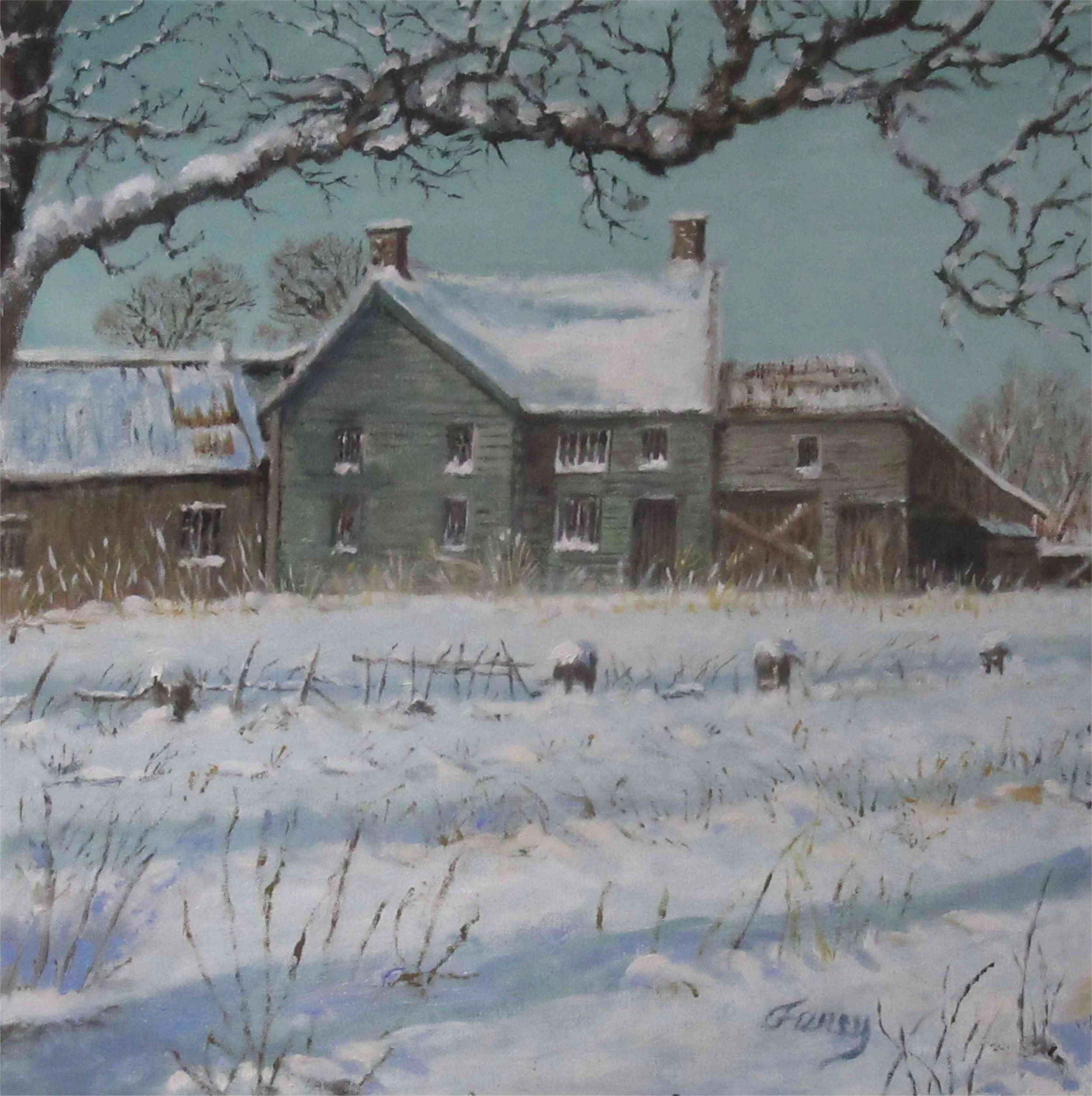 Title: Snow Road Barn, Medium: Oil on Linen Panel, Size: 12 x 12 inches, Price: $1550 USD