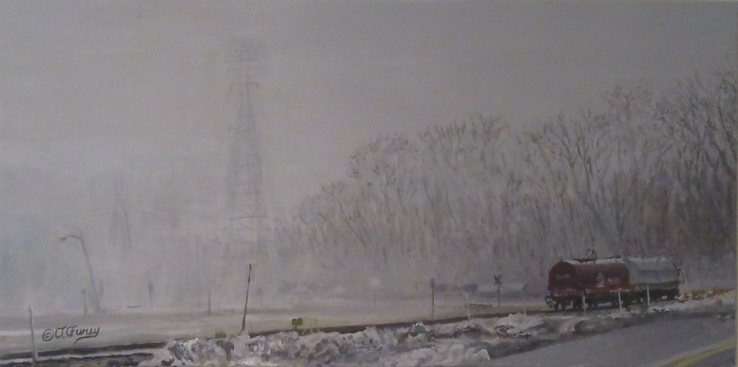 I have been planning this painting for a long time but didn't have a stretched canvas I could paint it on. Once I got the canvas it worked out as planned. It's a memory of my many years of working in the Steel Industry. The cold empty feeling of lea