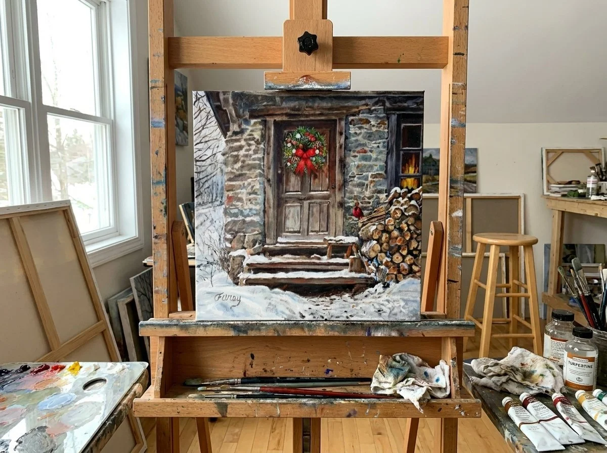 Title: Winter Welcome, Medium: Oil on Linen Panel, Size: 12 x 12 inches.