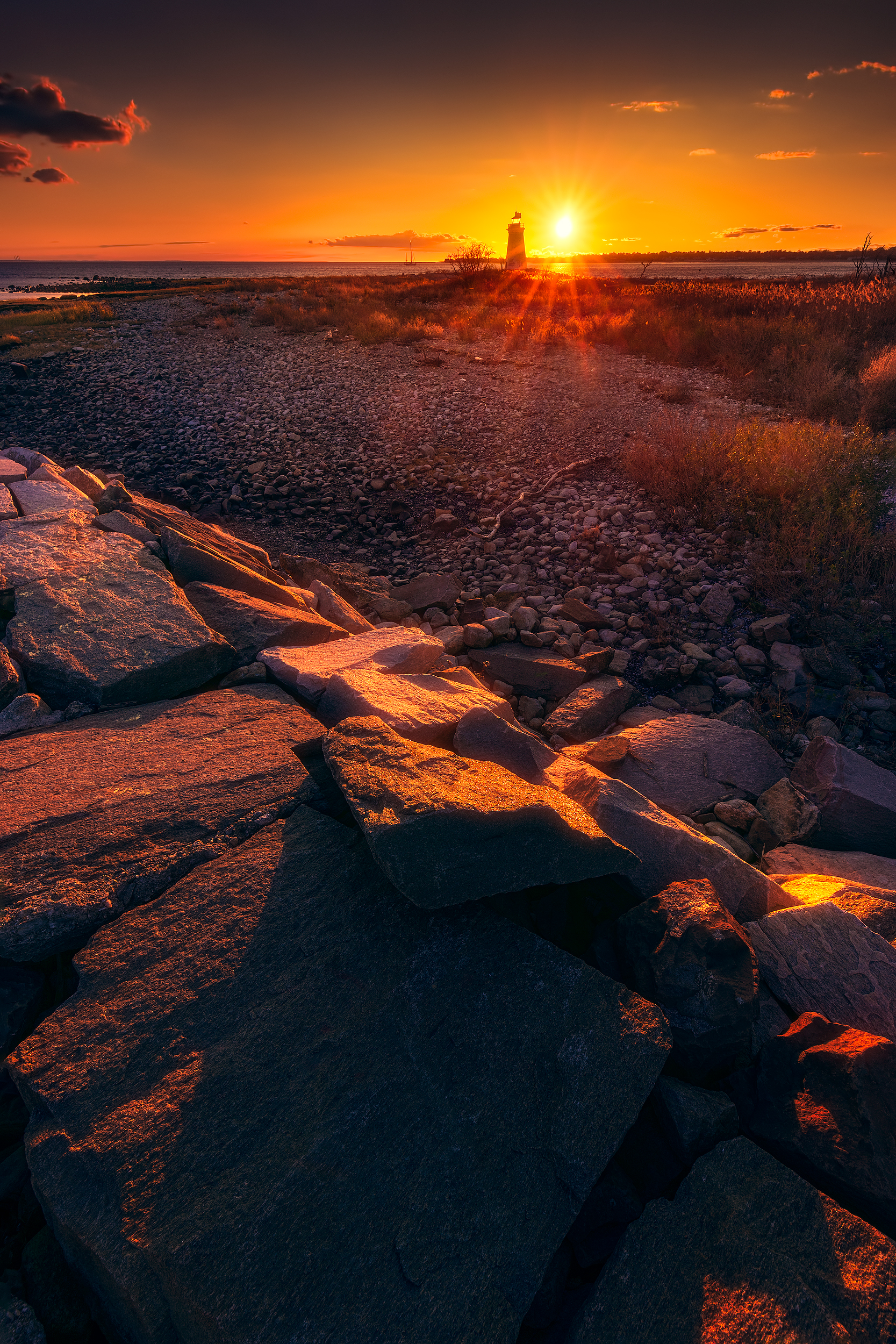  Sunset by Black Rock Light on Fayerweather Island in Bridgeport, Connecticut, USA. 