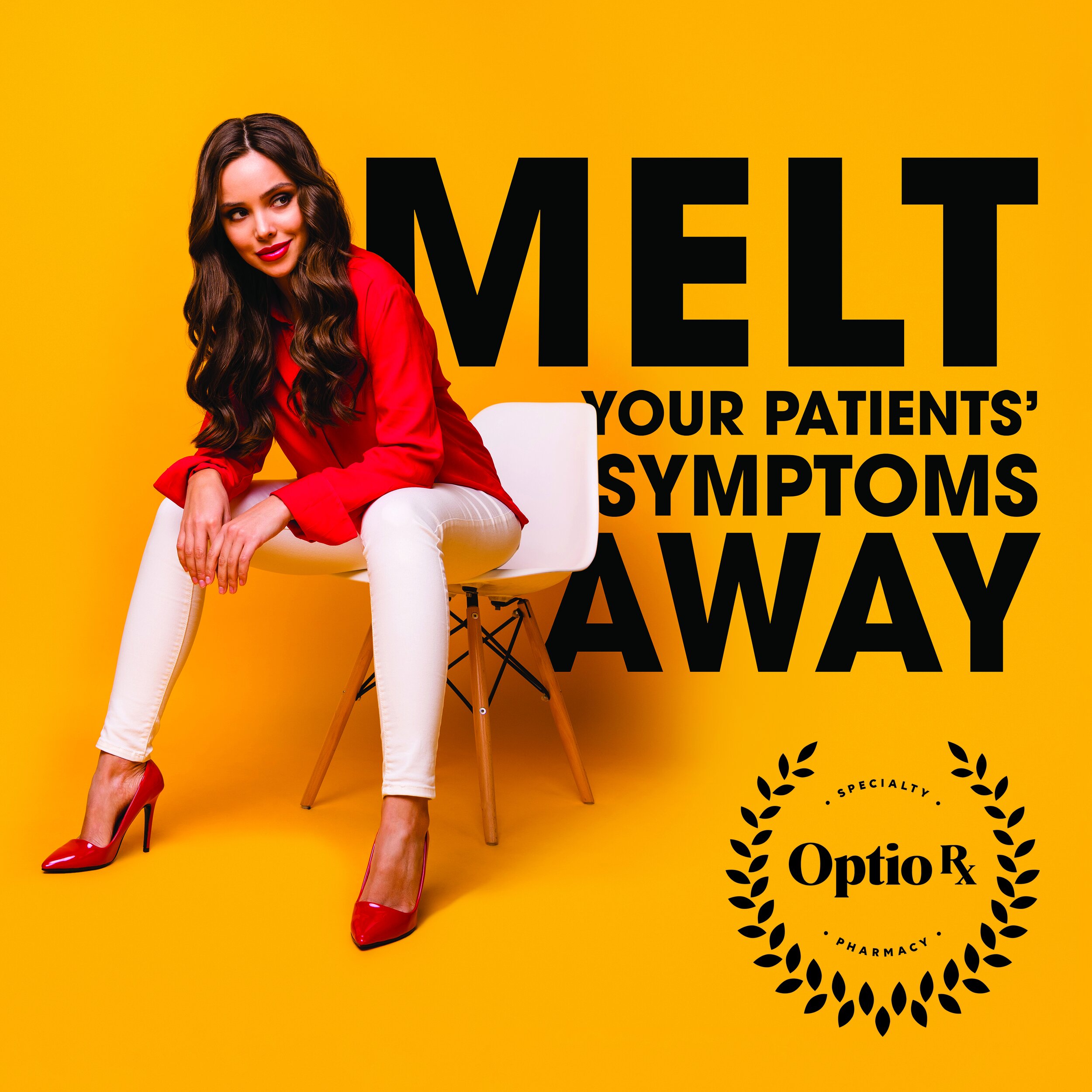  Full length photo of attractive chic business lady sit bossy comfy chair flirty mood look side empty space wear red shirt white trousers high-heels isolated yellow vivid color background 