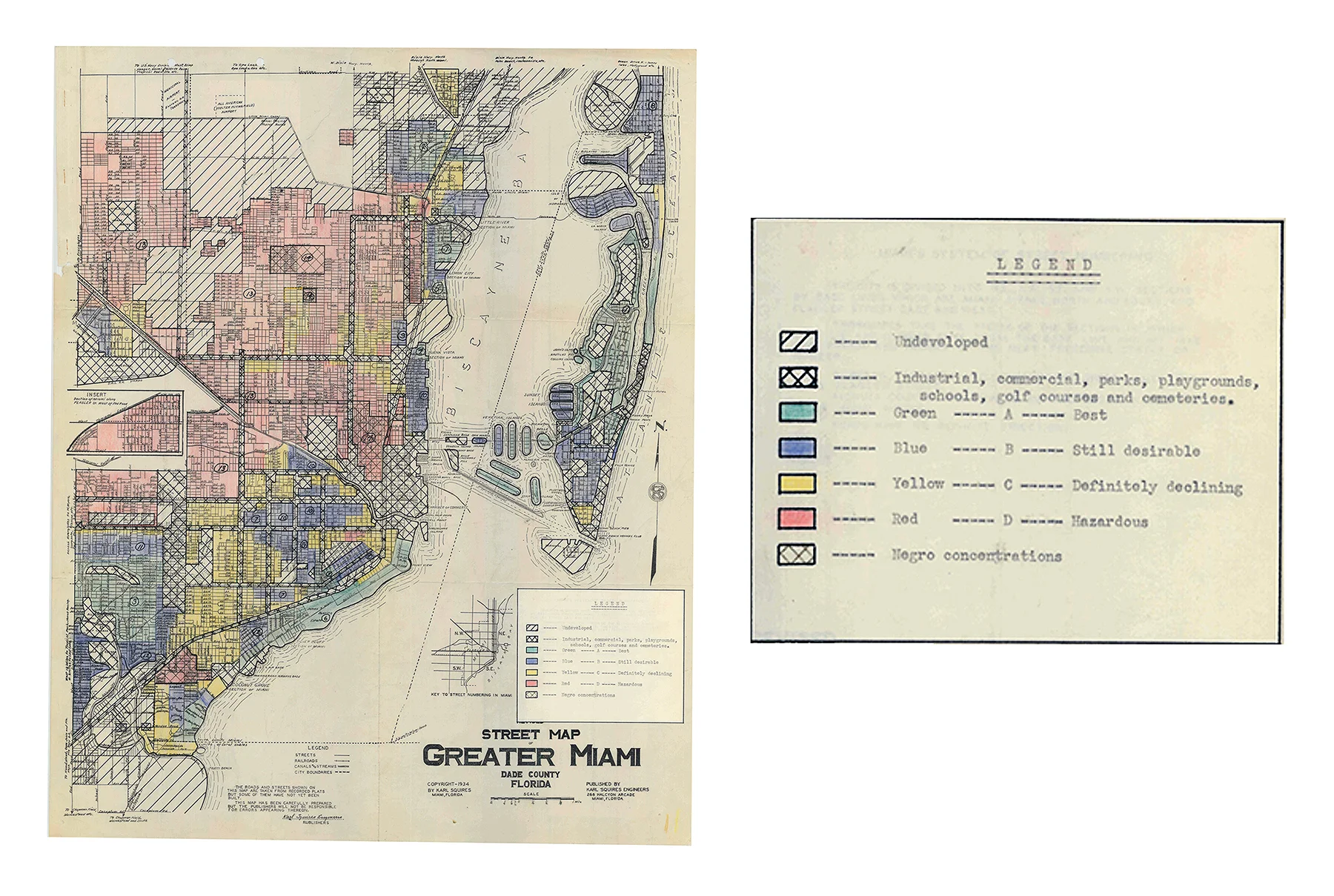 1934 HOLC Red-Line map produced by the federal government dictating housing lending policy. Red areas (Negro concentrations) were deemed hazardous and never received loans.