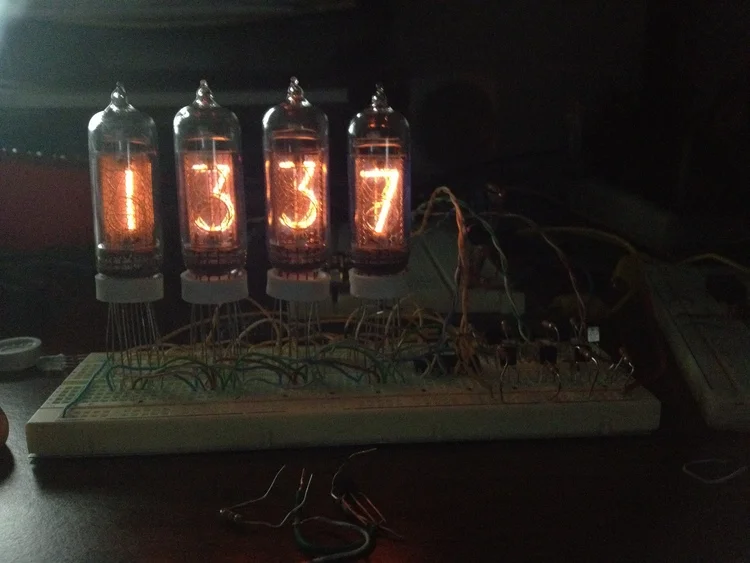 Testing all four IN-14 tubes on a breadboard!