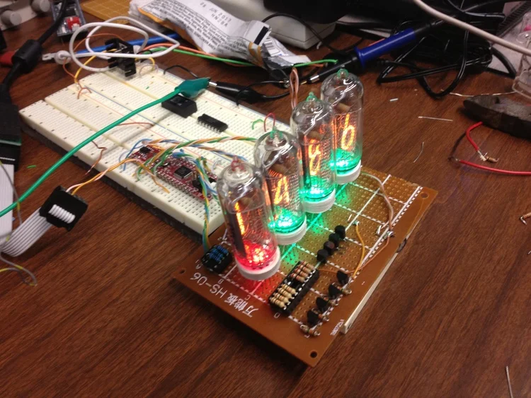 Testing display board. Microcontroller is a Wytec Dragonfly12 (HCS12 DIP module)