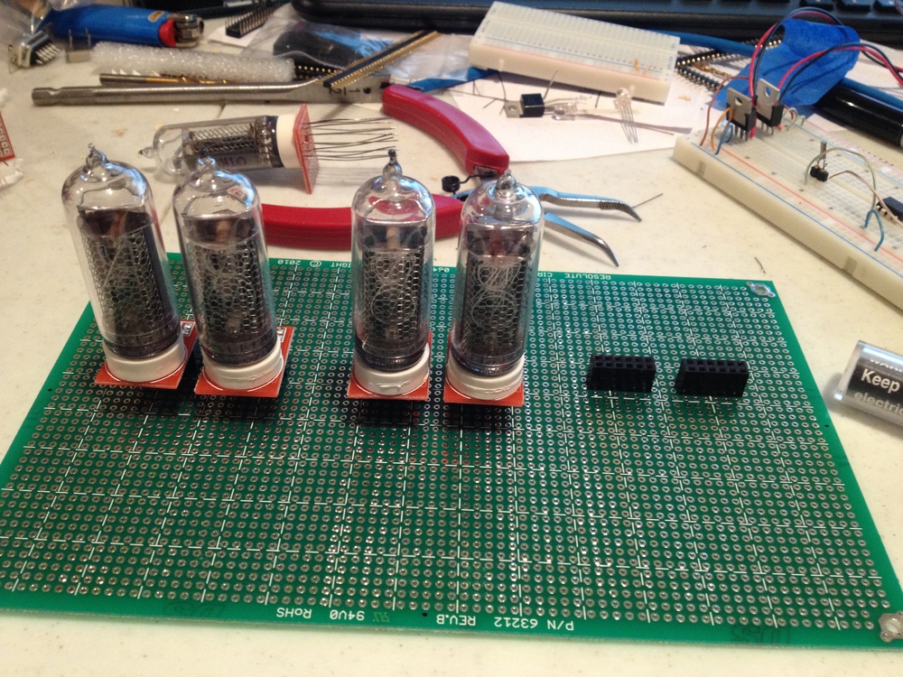 Nixie tubes mounted on a protoboard