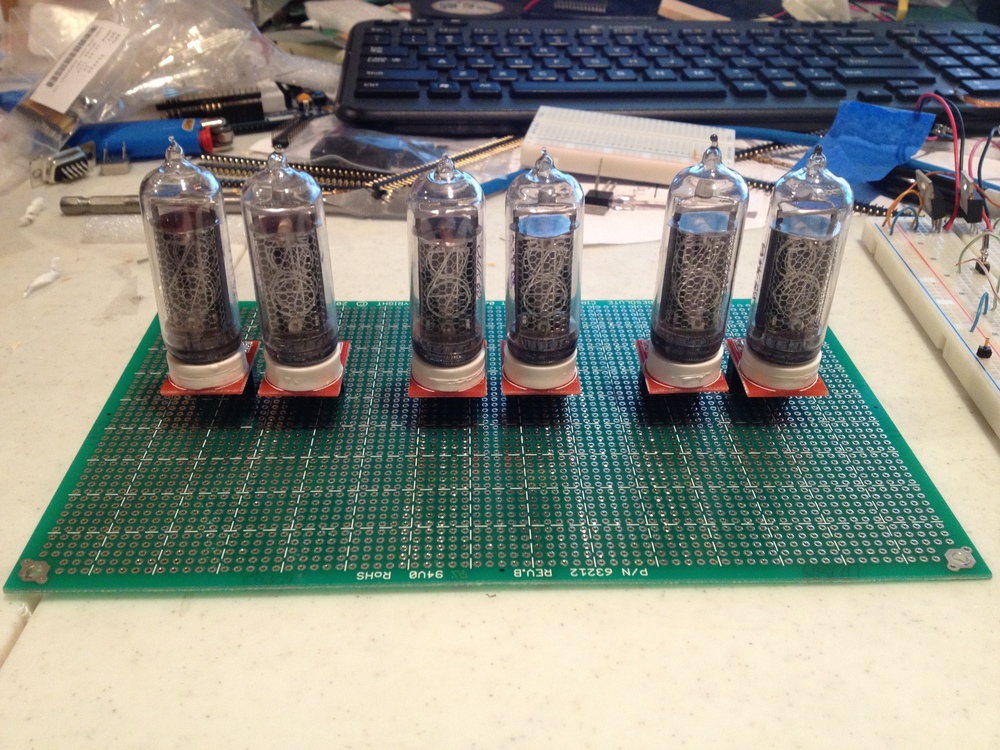 All six Nixie tubes mounted on the protoboard