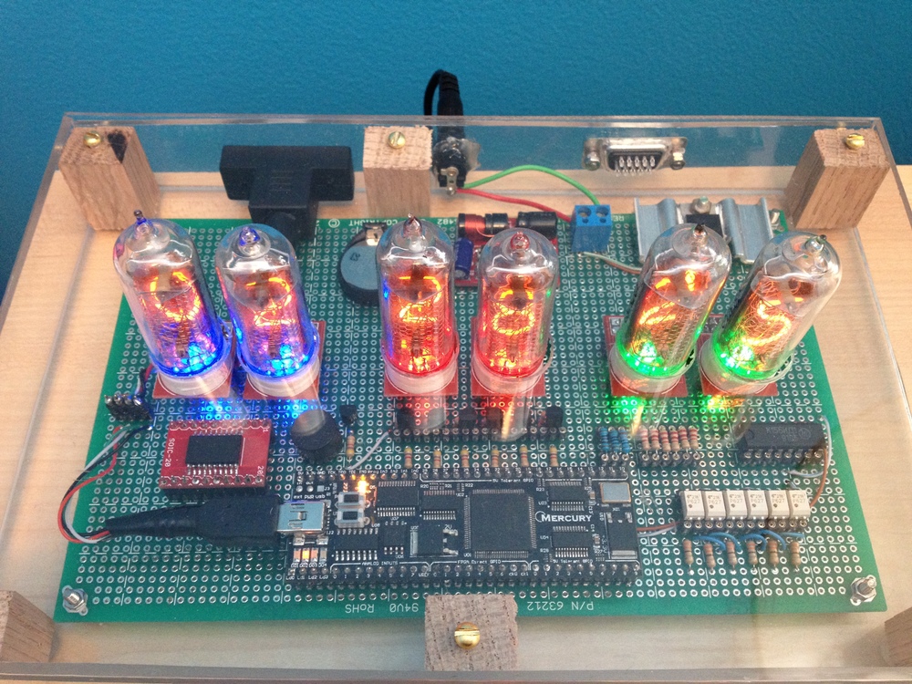 Top view of the completed Nixie clock.