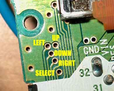 Directional pad control pins, determined by trial-and-error. These pins are "active low" meaning they are activated by grounding them.