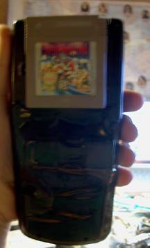 Back of the case, revealing the game cartridge. The plastic back panel conceals this mess.