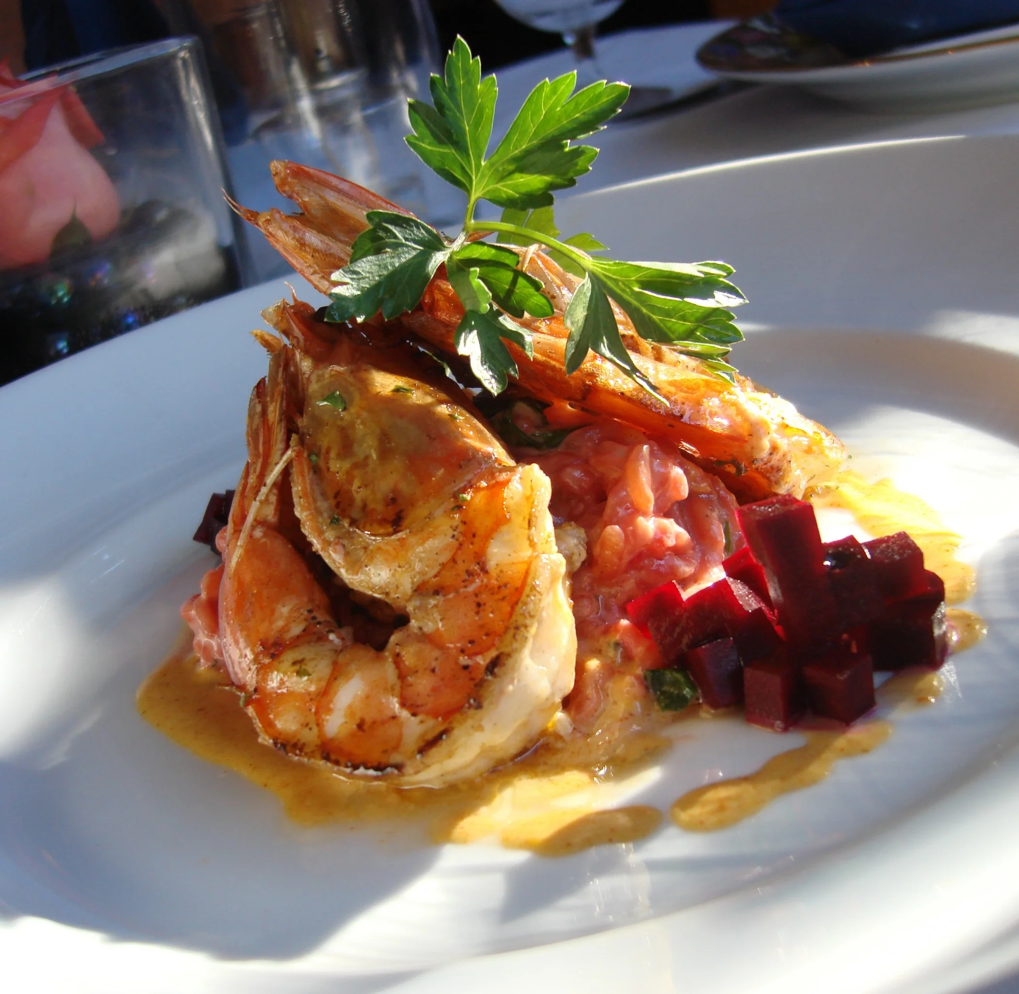 Pan-seared fresh Kauai prawns with beet risotto at Chef Chai
