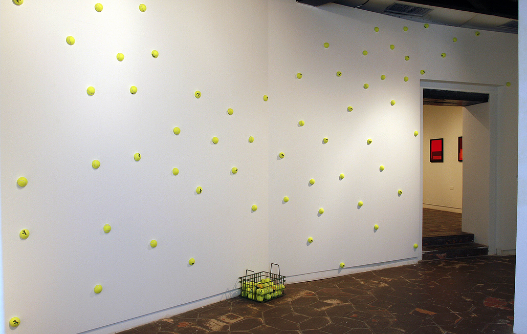  Objects of Disconnection/Association ,&nbsp;2012  tennis balls + racquet + sound + painting,&nbsp;variable dimensions 