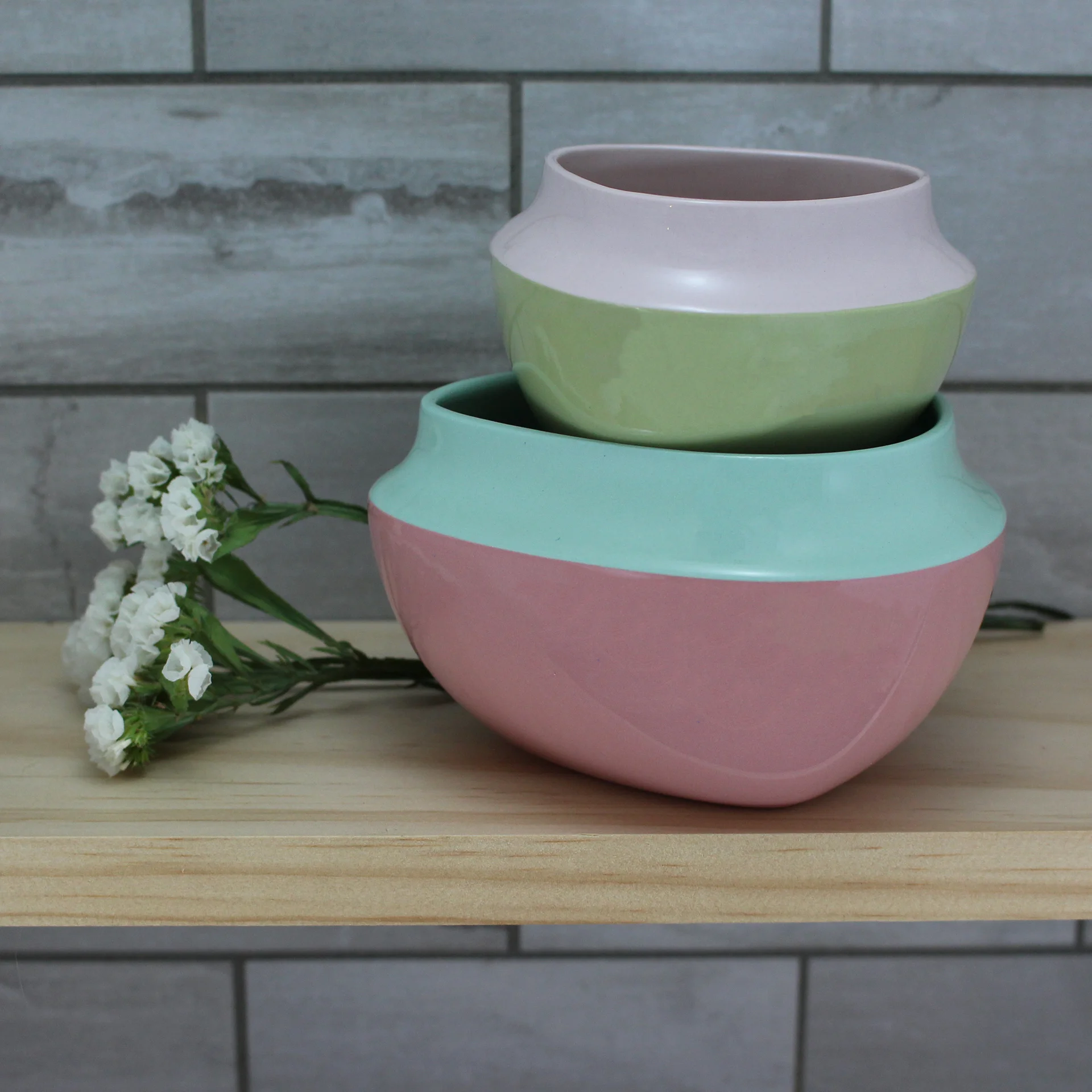 Small Bowls: Purple and Avocado. Medium Bowl: Bermuda and Pink