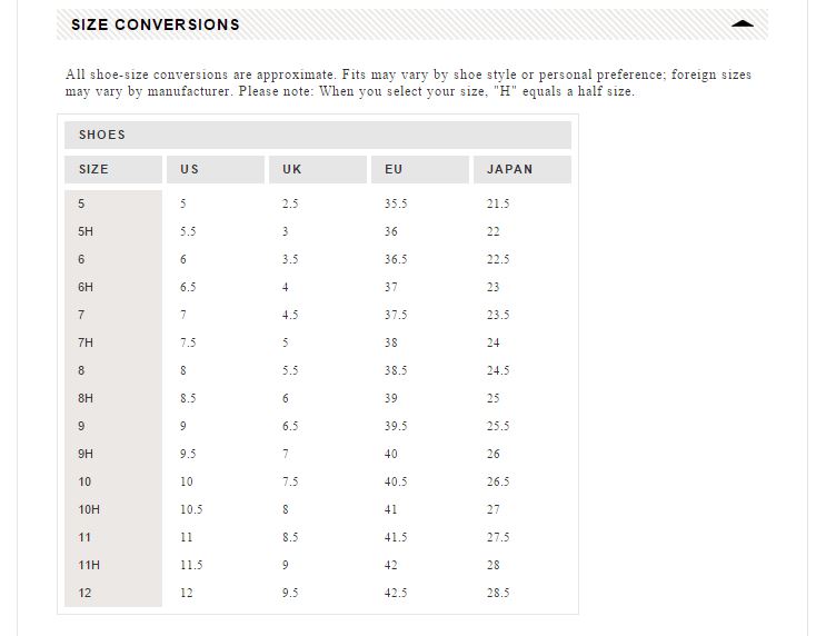 CLICK ON SHOE SIZE CHART TO EXPAND