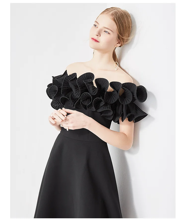 Luxury Black ruffled off shoulder dress 