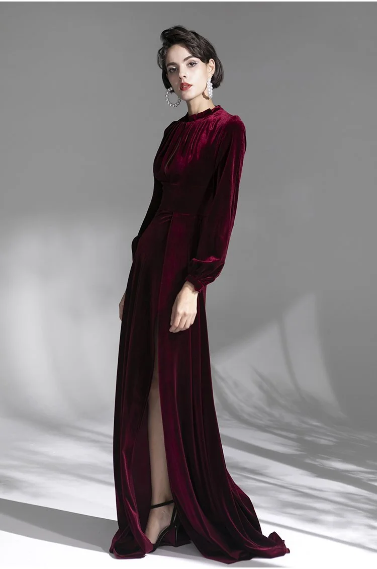 Wine Red Vintage Velvet Long Slim 