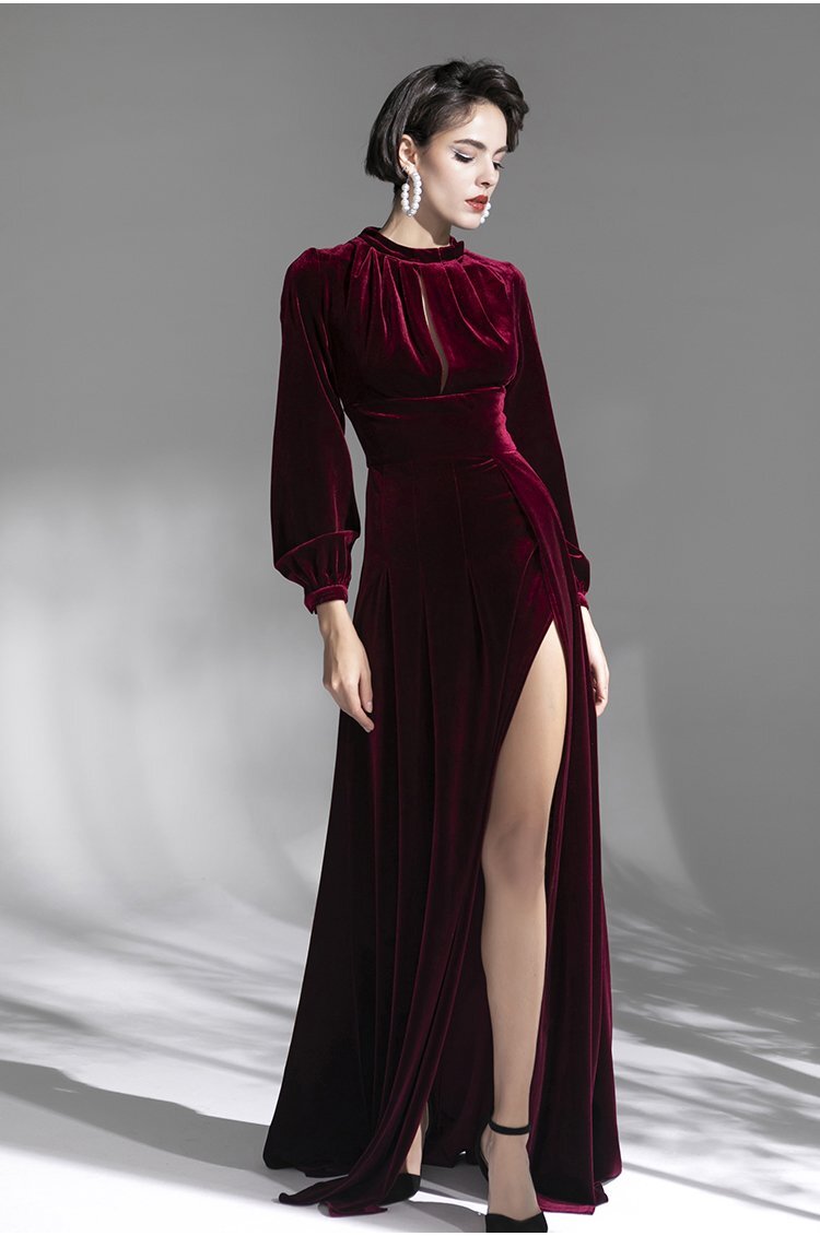 Wine Red Vintage Velvet Long Slim 