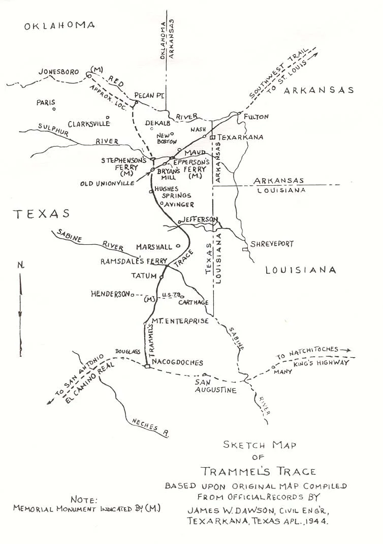 "Sketch Map of Trammel's Trace" by James W. Dawson, 1944. Arkansas Historical Commission, Southwest Arkansas Regional Archive, Washington, Arkansas.