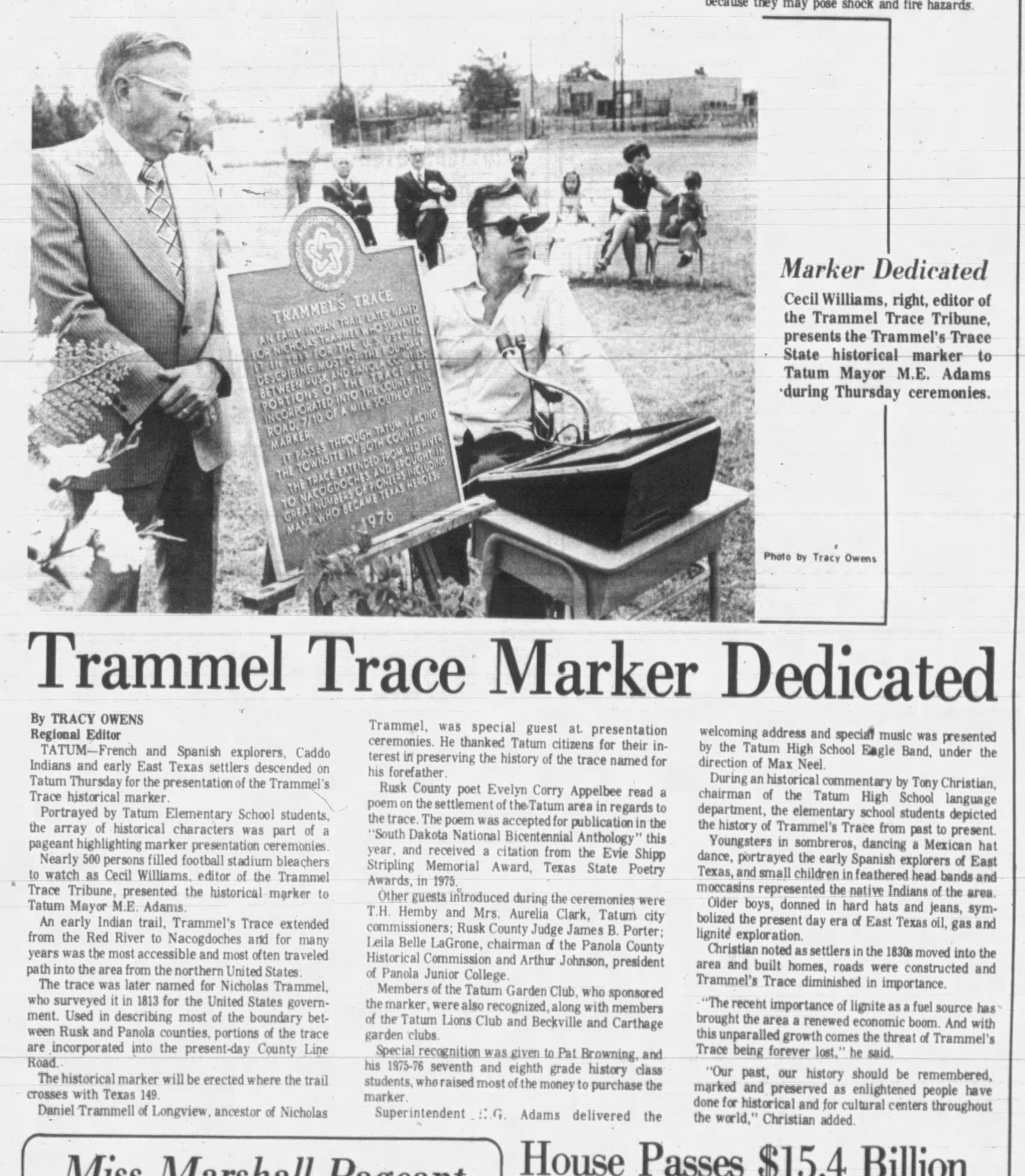 1977-05-06, Marshall News Messenger, p 1, Trammel Trace Marker.jpg
