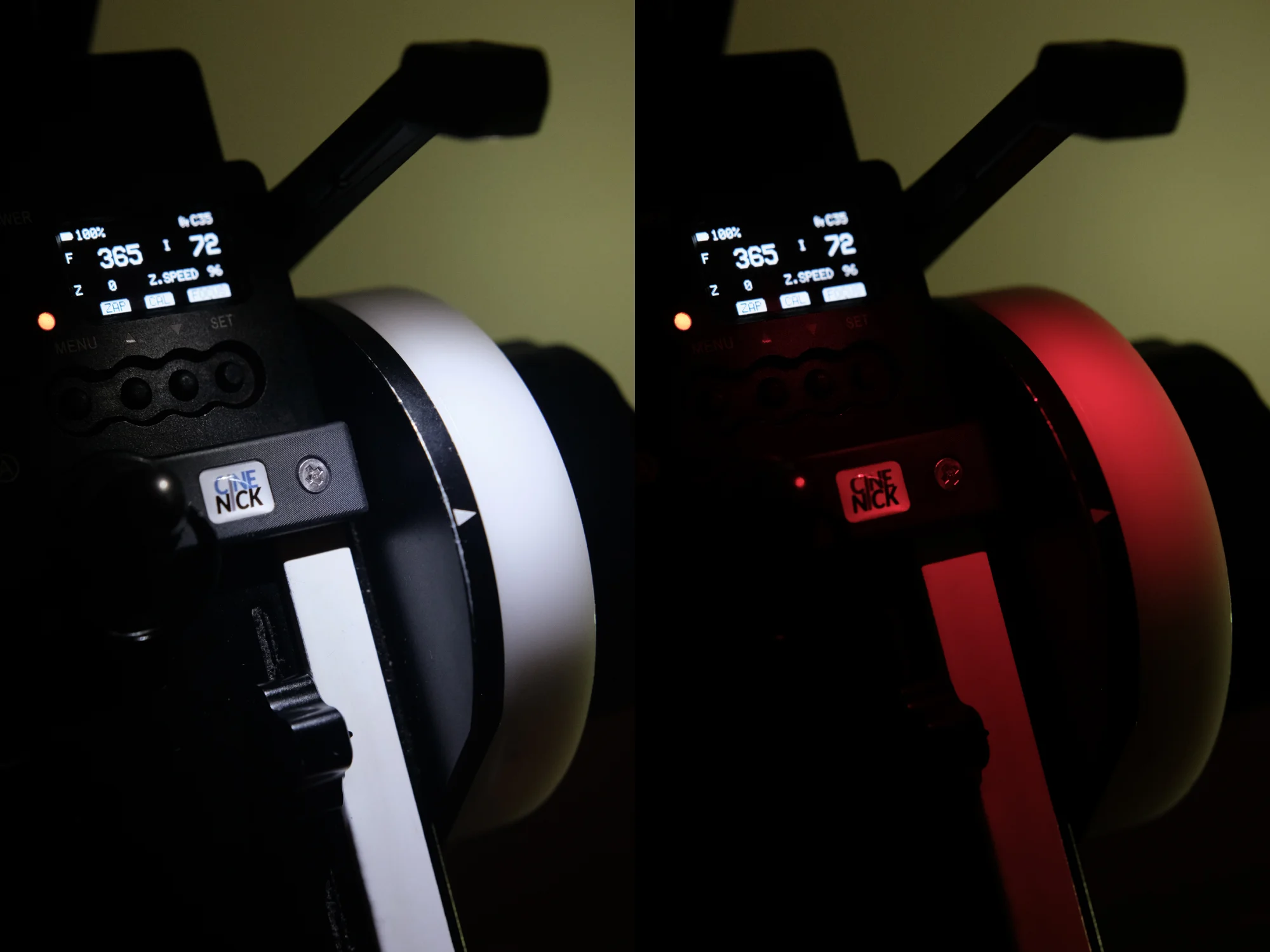 The LED arm is switchable between bright white and tactical red illumination modes.