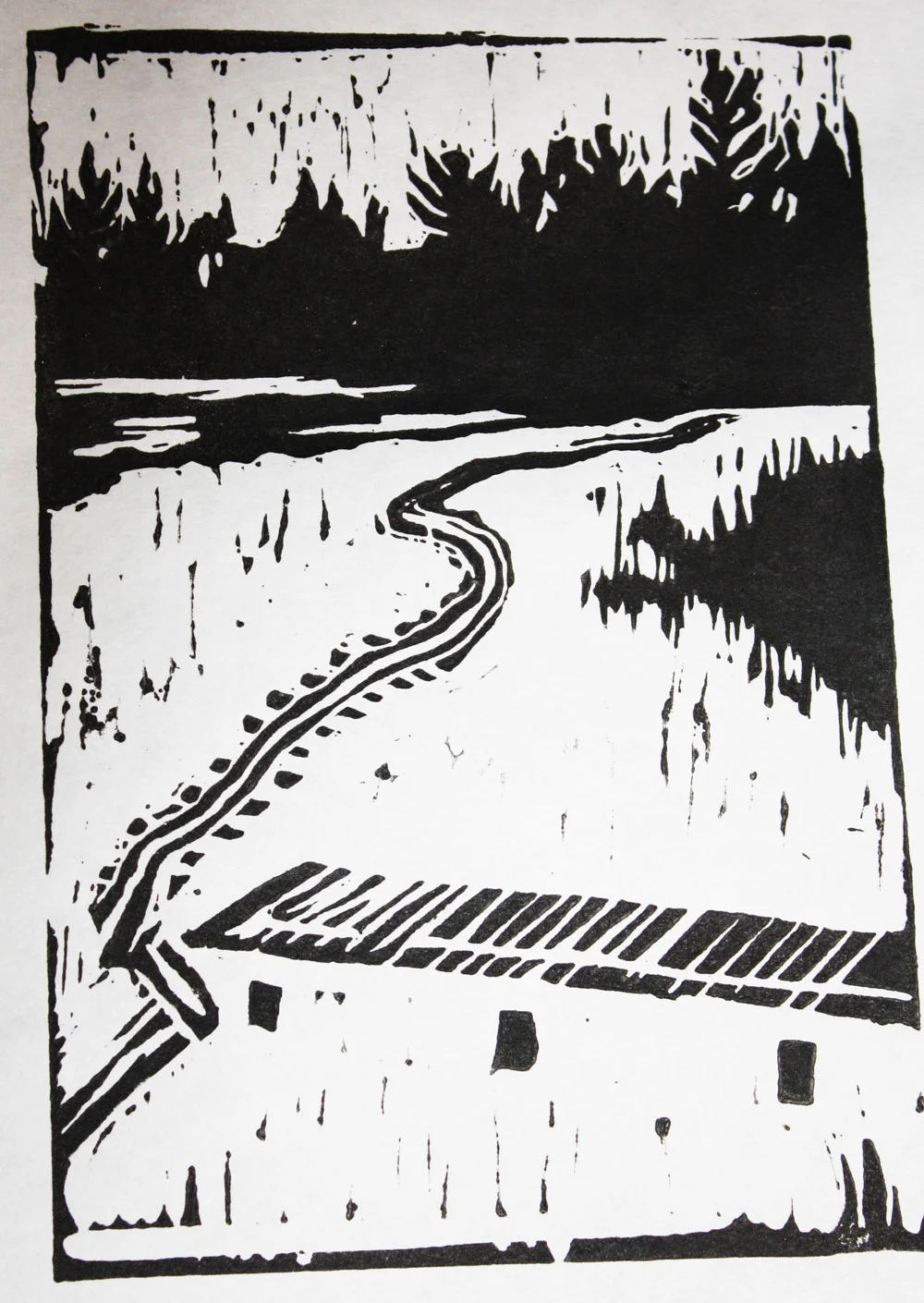 Linoleum Print - Winter Scene