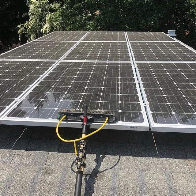 Featuring #EdgarAllenPole on a #SolarPanel wash today. You can see the Power AC (#PAC) output jumped 20% after cleaning (about 20 min between output readings).