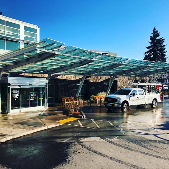 We just finished SoftWashing the structural steel for the glass awning at the hospital. There is something deeply satisfying watching 12 months of dirt and grime melt as we gave the awning it’s annual bath.