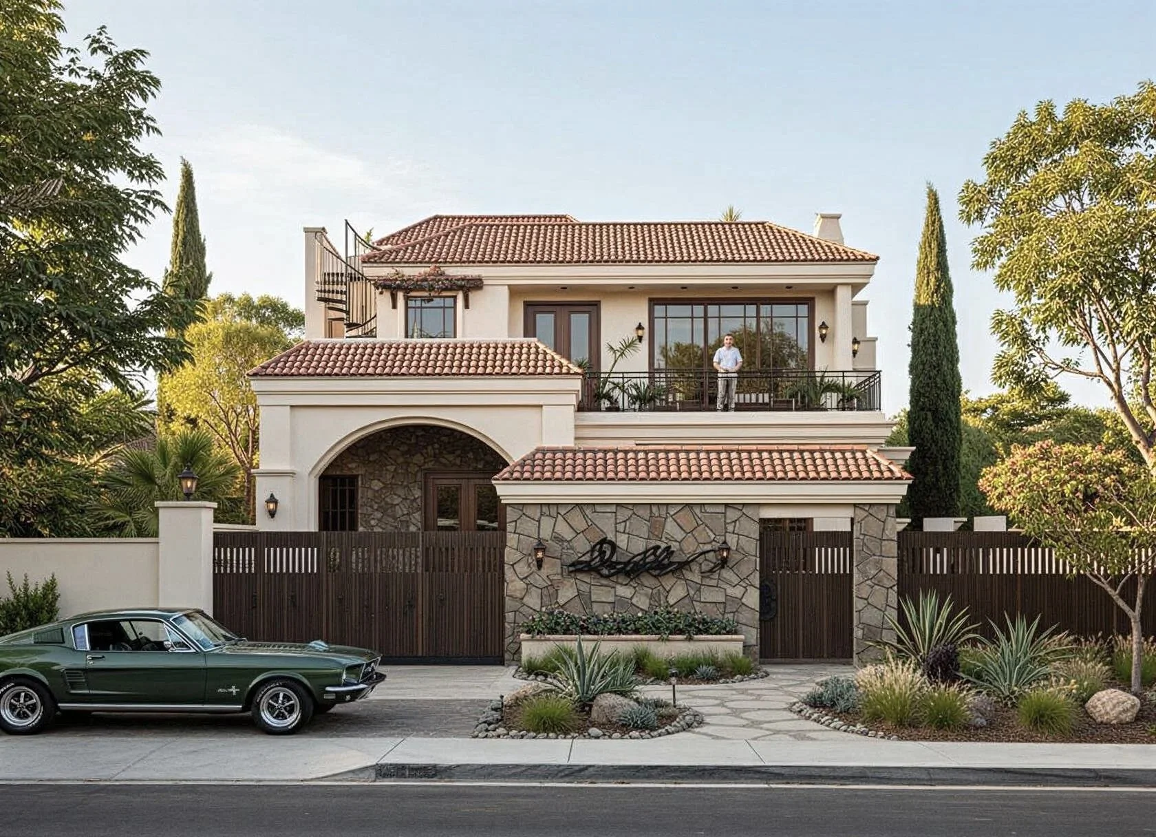 A large, modern house with a red-tiled roof, stone facade, and a man standing on the upper balcony. A vintage green car is parked in front, with landscaped plants and trees around the property.
