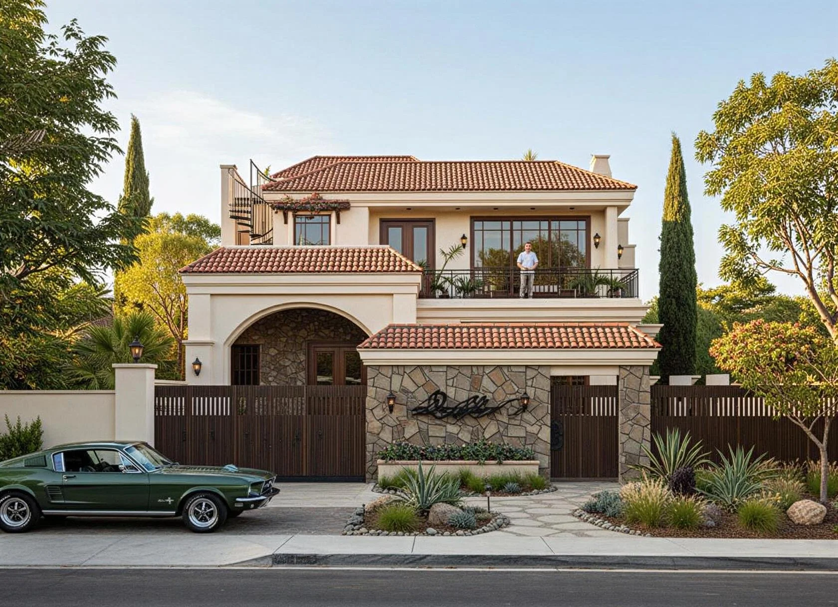 A two-story house with a red tile roof, stone and stucco exterior, and a front porch. There is a vintage green car parked in front, a man standing on the balcony, and landscaped plants and trees surrounding the property.