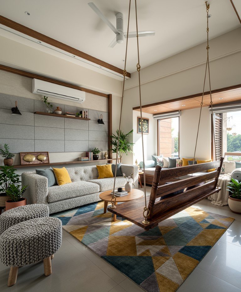 Living room with a hanging wooden swing, gray sofa with yellow and gray pillows, string bean bag chairs, a colorful geometric rug, shelves with decor and plants near windows, ceiling fan, and an air conditioning unit.