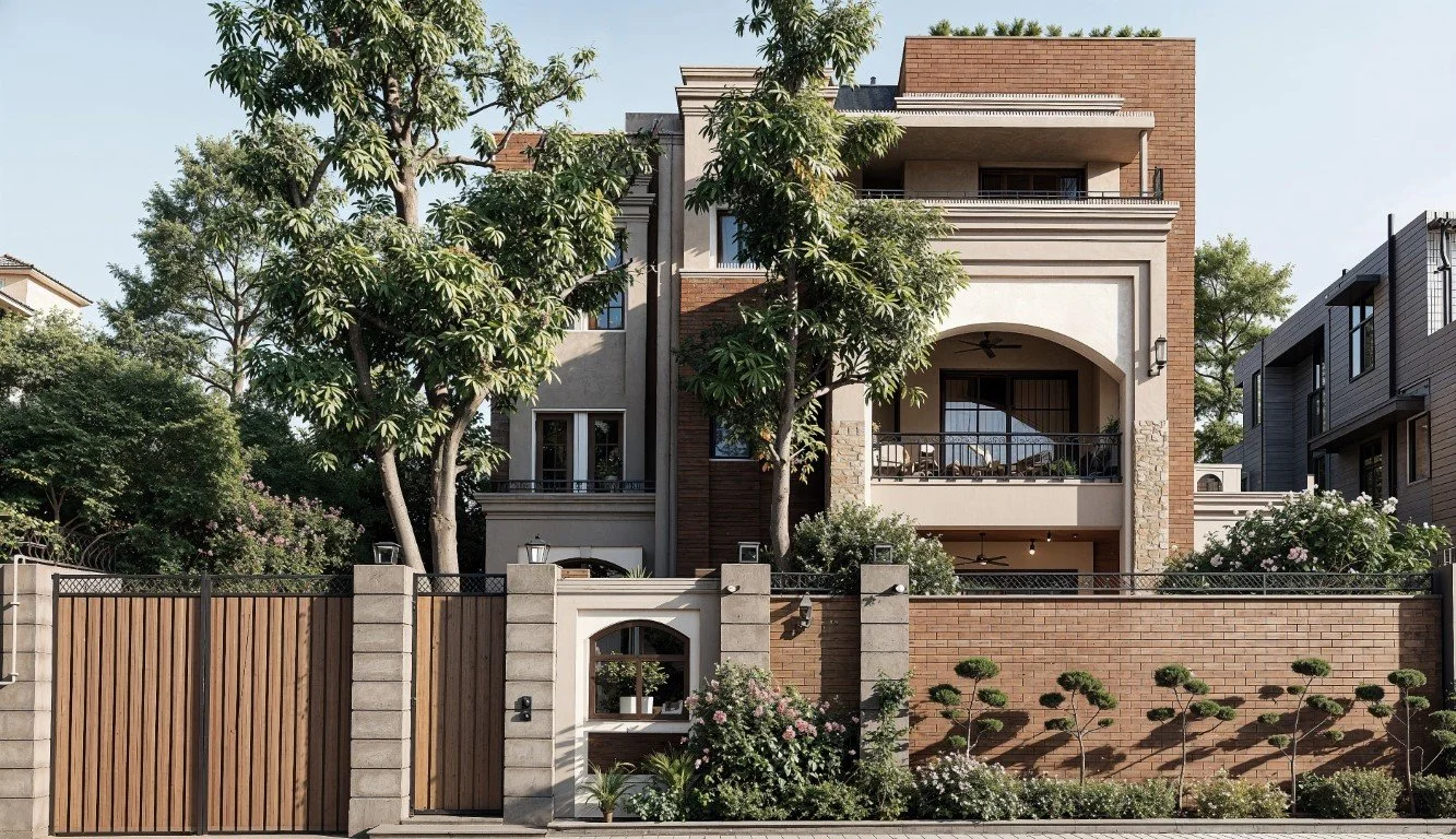 Multi-story modern house with a red brick and beige facade, arched and rectangular windows, balcony with black railings, large trees in front, and a brick and wood fence with greenery along the sidewalk.