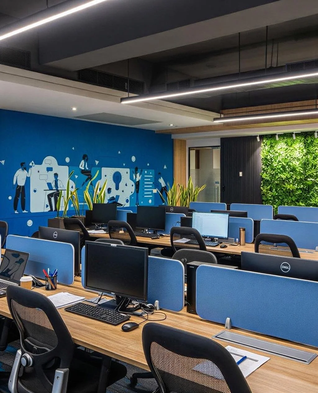 Modern office with multiple desks, monitors, and chairs, decorated with a blue wall featuring illustrations of people working and a green vertical garden on the side.