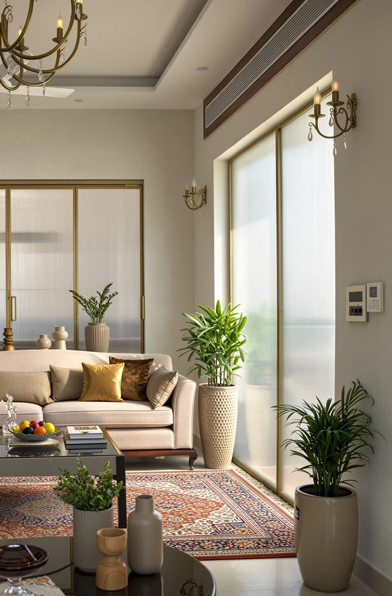 Living room with beige sofa, green indoor plants in large white pots, glass coffee table with books and a fruit bowl, Persian-style rug, gold accents on sliding doors and window frames, and wall-mounted lamps with candle-like bulbs.