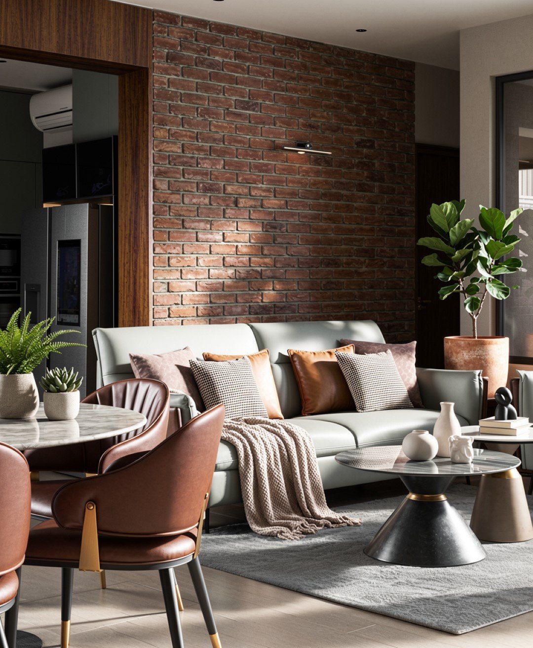Modern living room with a white sofa, rust-colored pillows, and a beige throw blanket, a round marble coffee table, houseplants, and a brick accent wall.