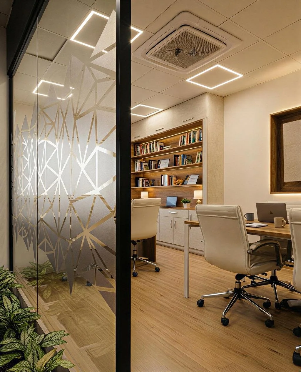 Modern office space with white desks, beige chairs, a wooden bookshelf filled with books and decorations, and frosted glass with a golden geometric pattern separating the room from another area. The room has wooden flooring and built-in ceiling light