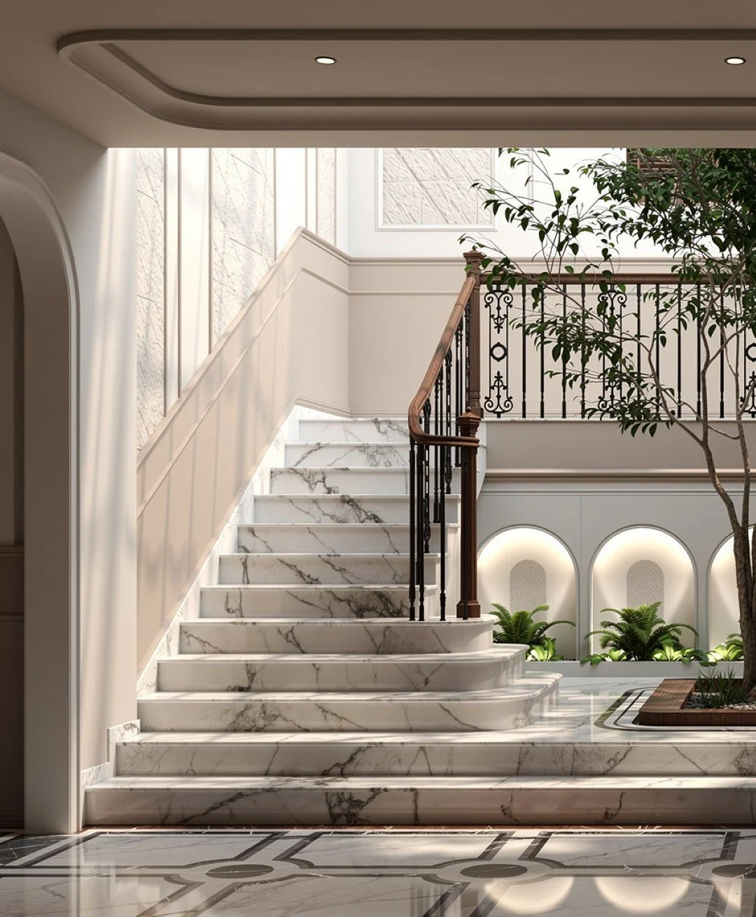 Elegant indoor staircase with white marble steps, dark iron railing with a wooden handrail, greenery in a planter, and decorative wall panels in a spacious interior